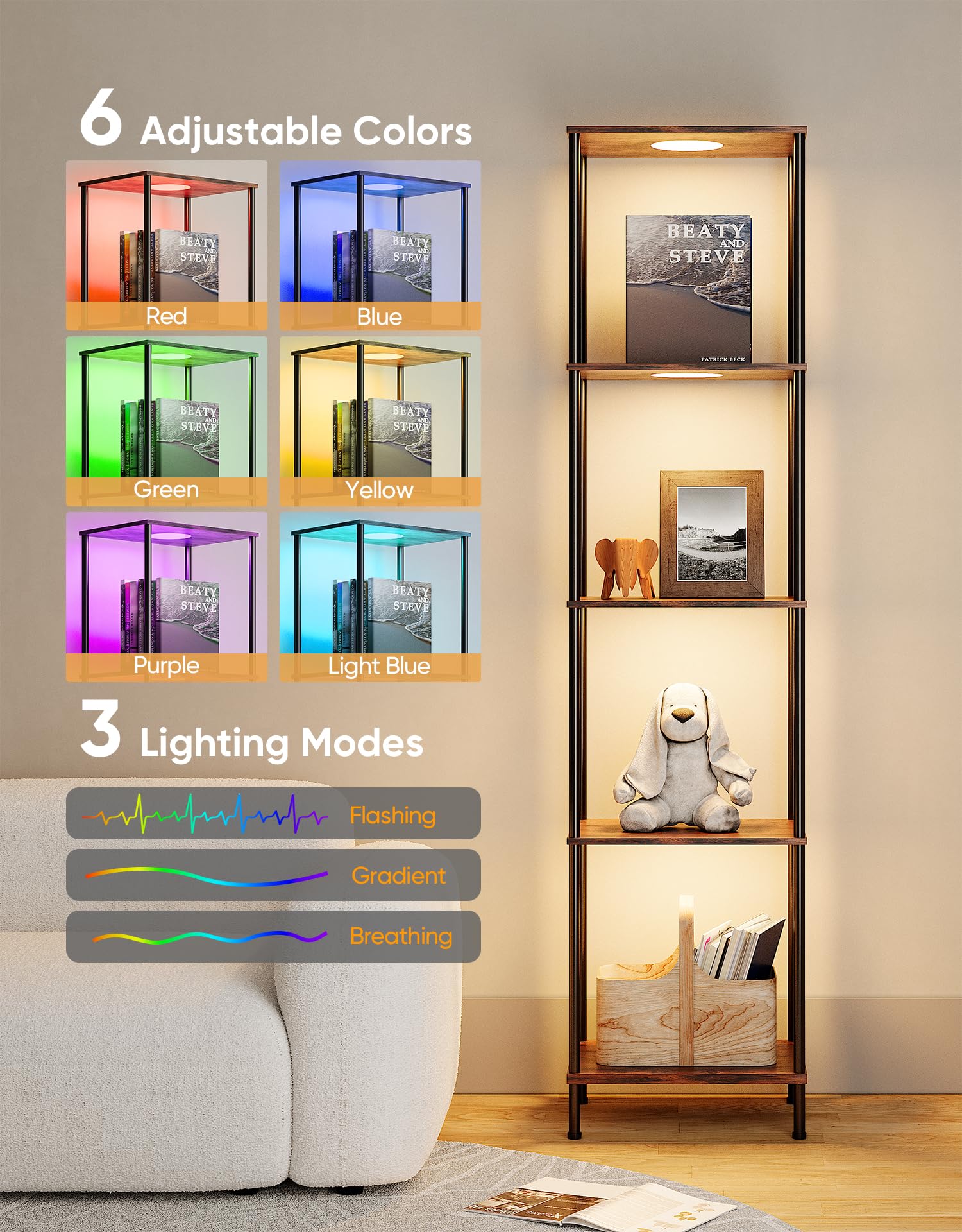 Display Shelf With Rgbcw Light, Color Changing Curio Cabinet Floor Lamp With Shelves Corner Standing Column Lamp Etagere Organiz