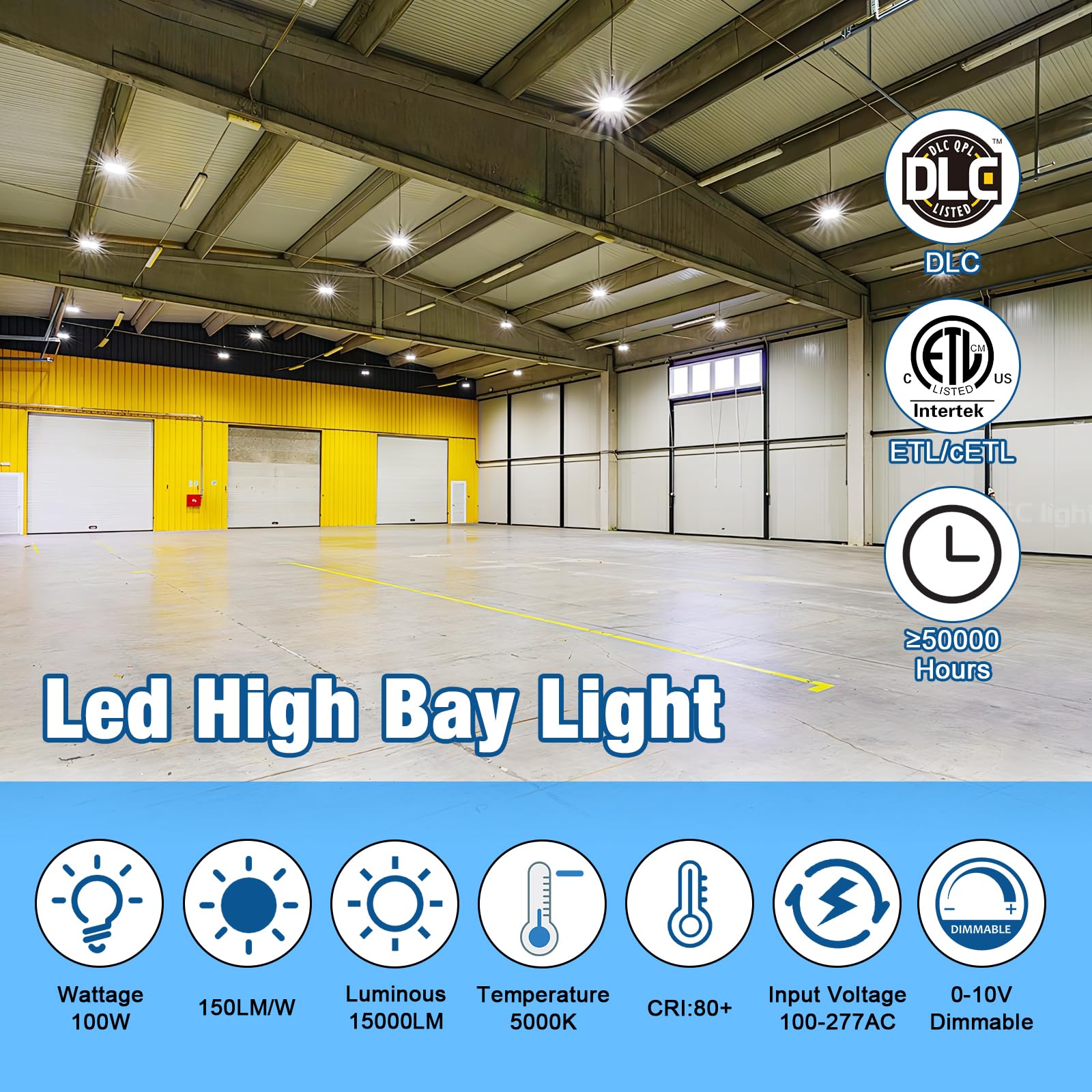 G Gjia Led High Bay Light 100W 14000Lm (Eqv. To 400W Hps/Mh) 5000K 1-10V Dimmable, 5' Cable With 110V Plug Ring Hook Safe Rope E