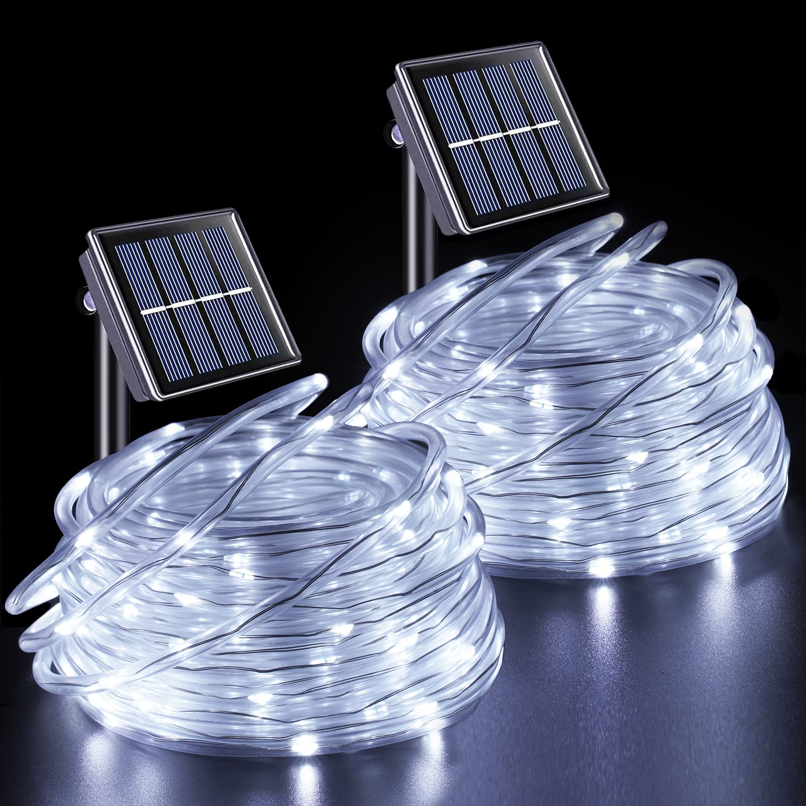 YEGUO 2 Packs Each 33ft 100 LED Solar Rope Lights Outdoor Waterproof, White String Lights for Outside, 8 Modes Fairy Lights in C