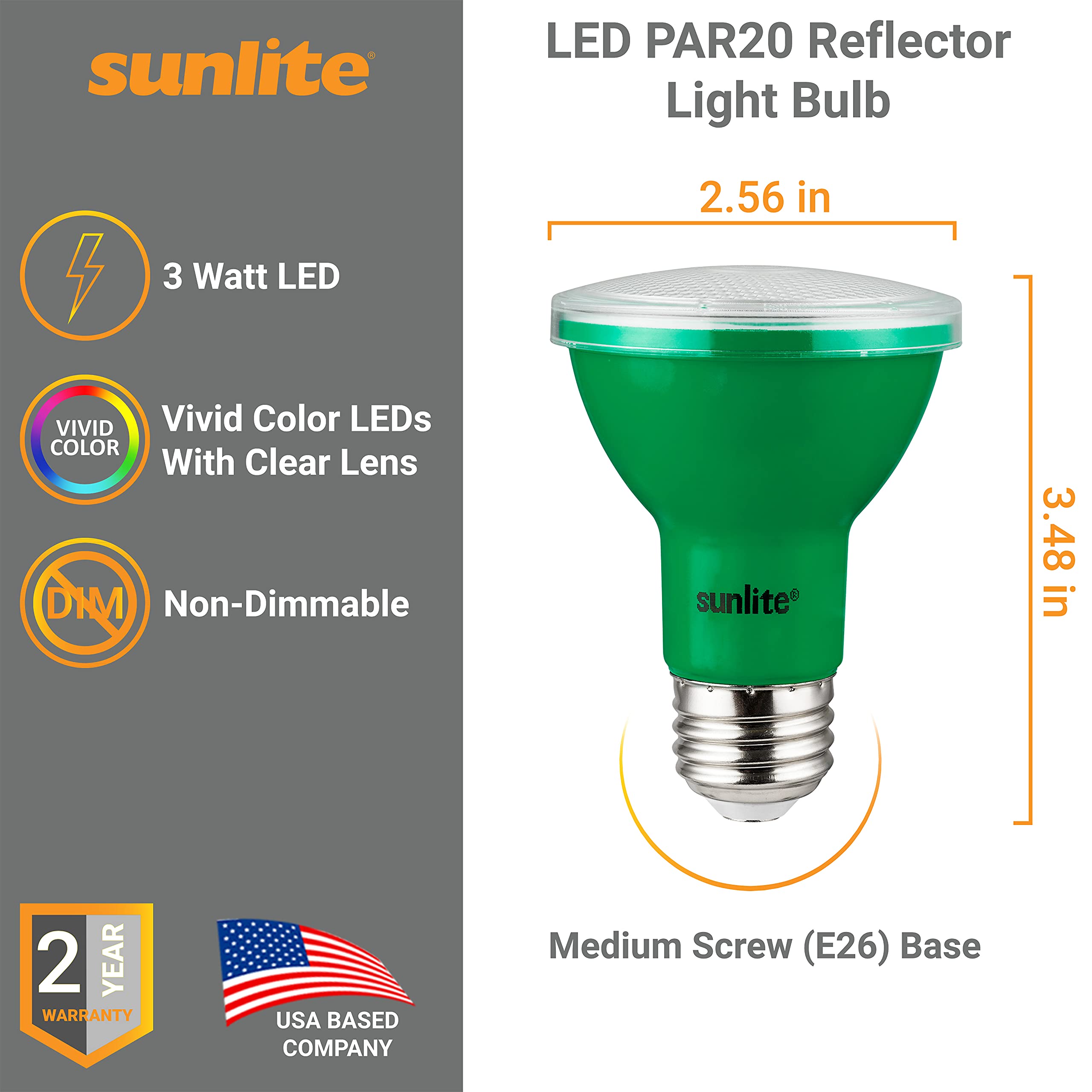 Sunlite LED PAR20 Colored Recessed Light Bulb, 3W (50W Equivalent), Medium E26 Base, Green, 3 Count
