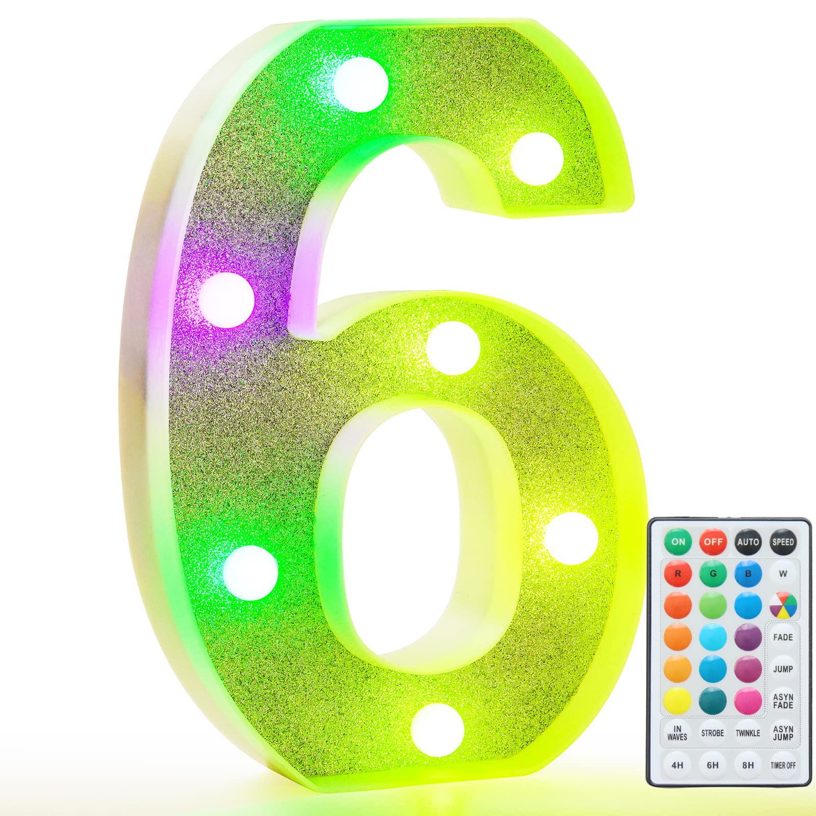 Pooqla Colorful Marquee Number 6 with Remote, RGB Light Up, Glitter LED, Battery Powered Decoration for Birthday, Wedding, Party