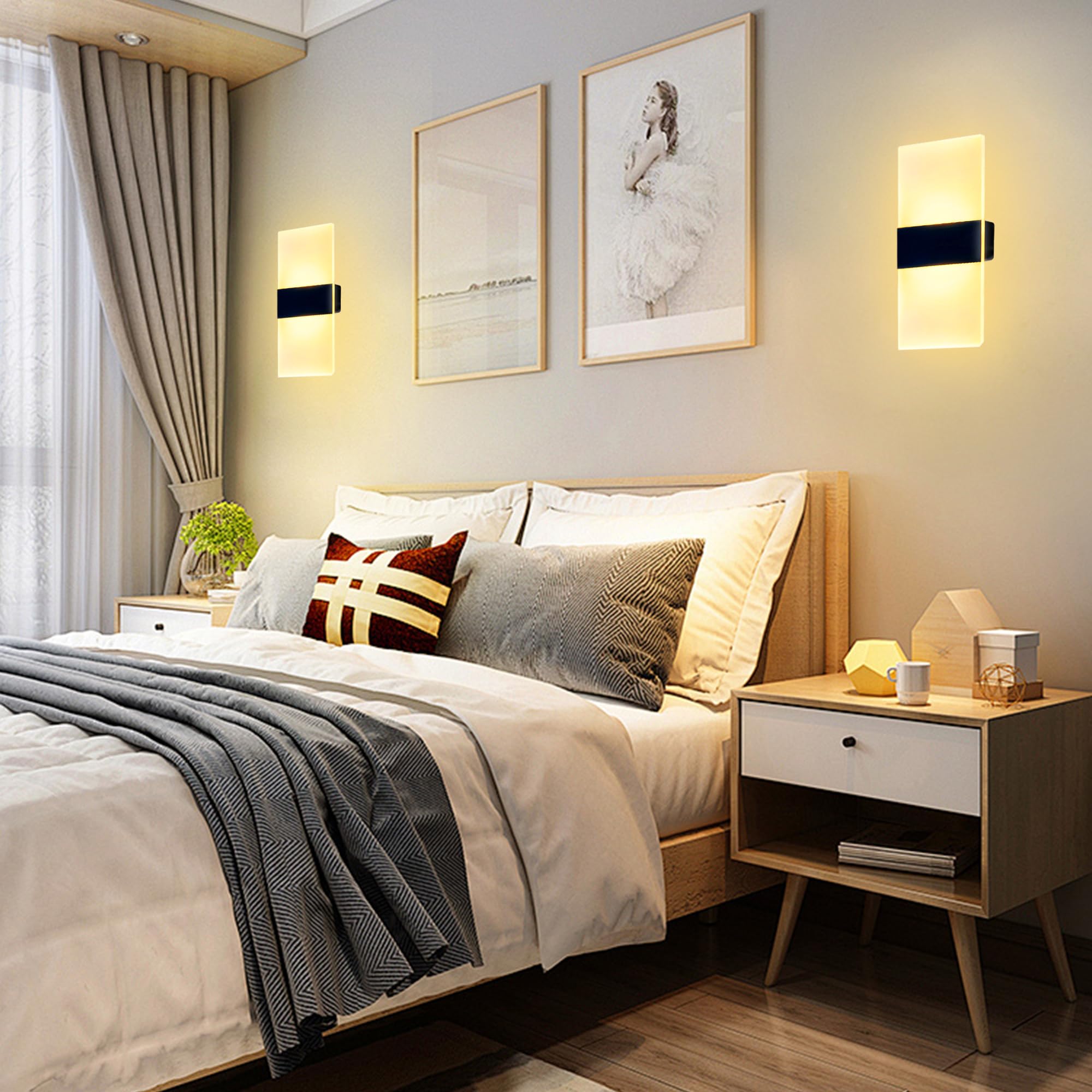GRETMIX Wall Sconces Set of 2, Acrylic Rechargeable LED Touch Control, White Frosted Glass Shade, Warm White Color