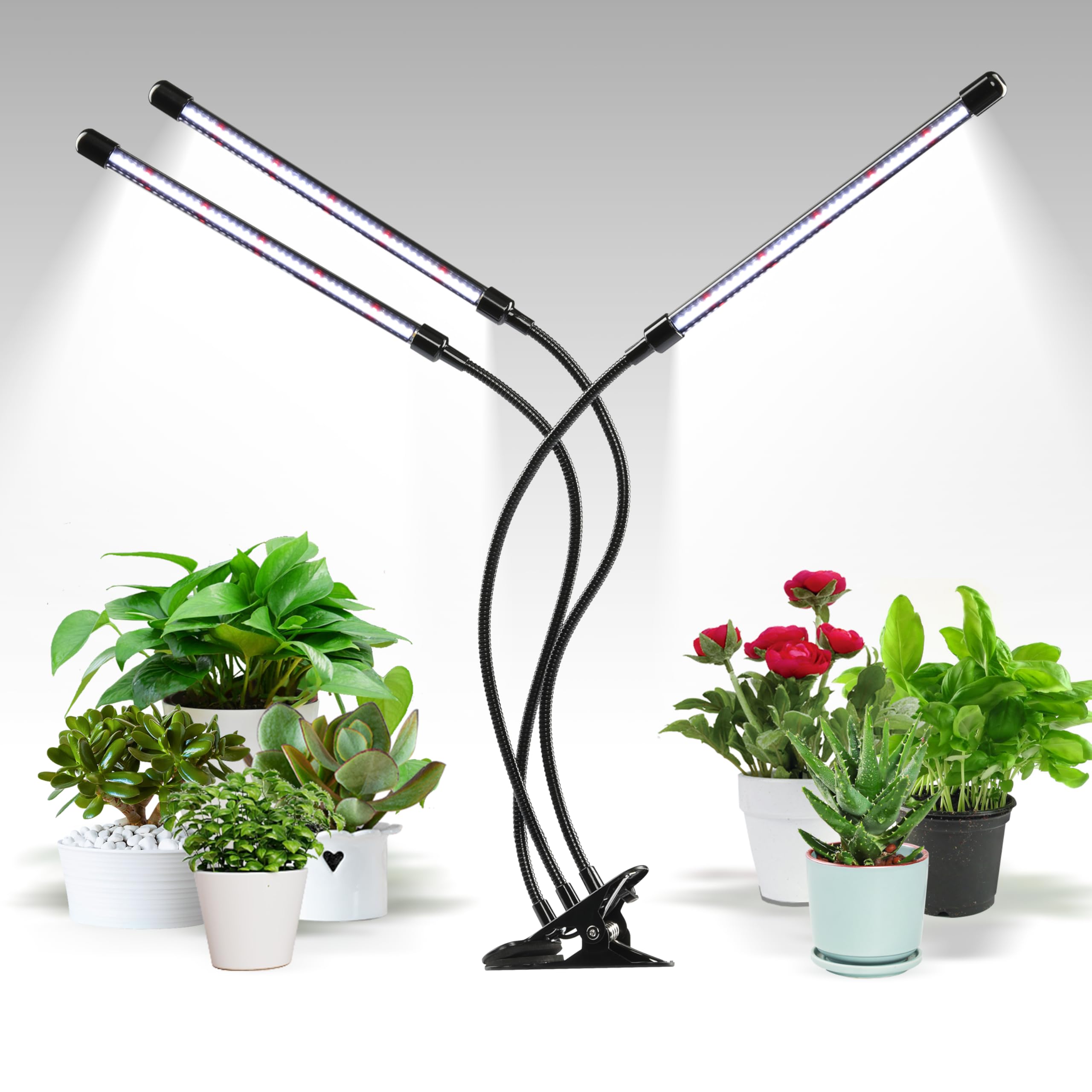 iPower LED Grow Light for Indoor Plants, 6000K Full Spectrum, 5-Level Dimmable, Auto On/Off Timer, 3 Tubes, White
