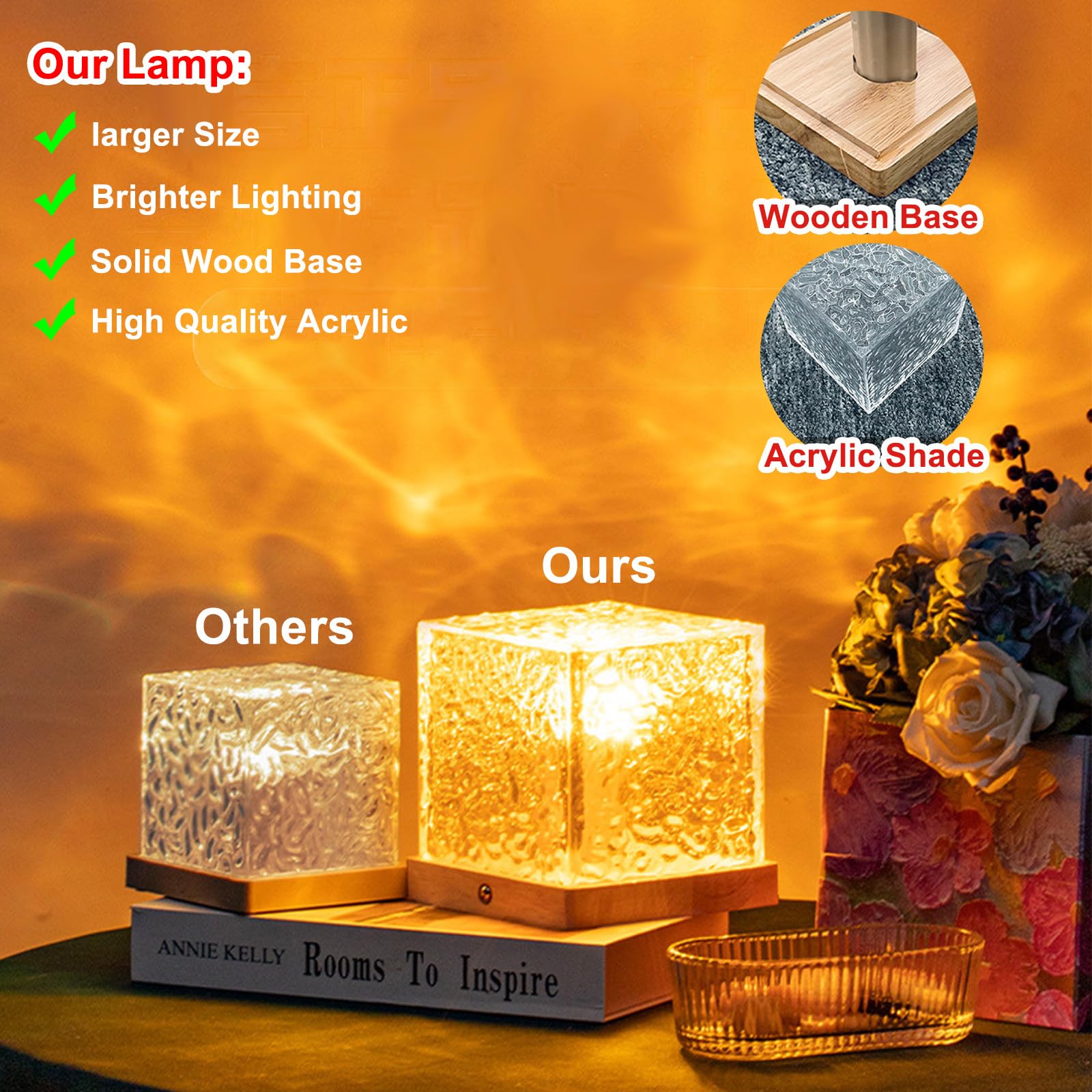 Aurora Ocean Wave Lights Projector Rechargeable, Touch Cube Color Changing Light with 16 Colors 4 Modes Dimmable Cordless Mood L