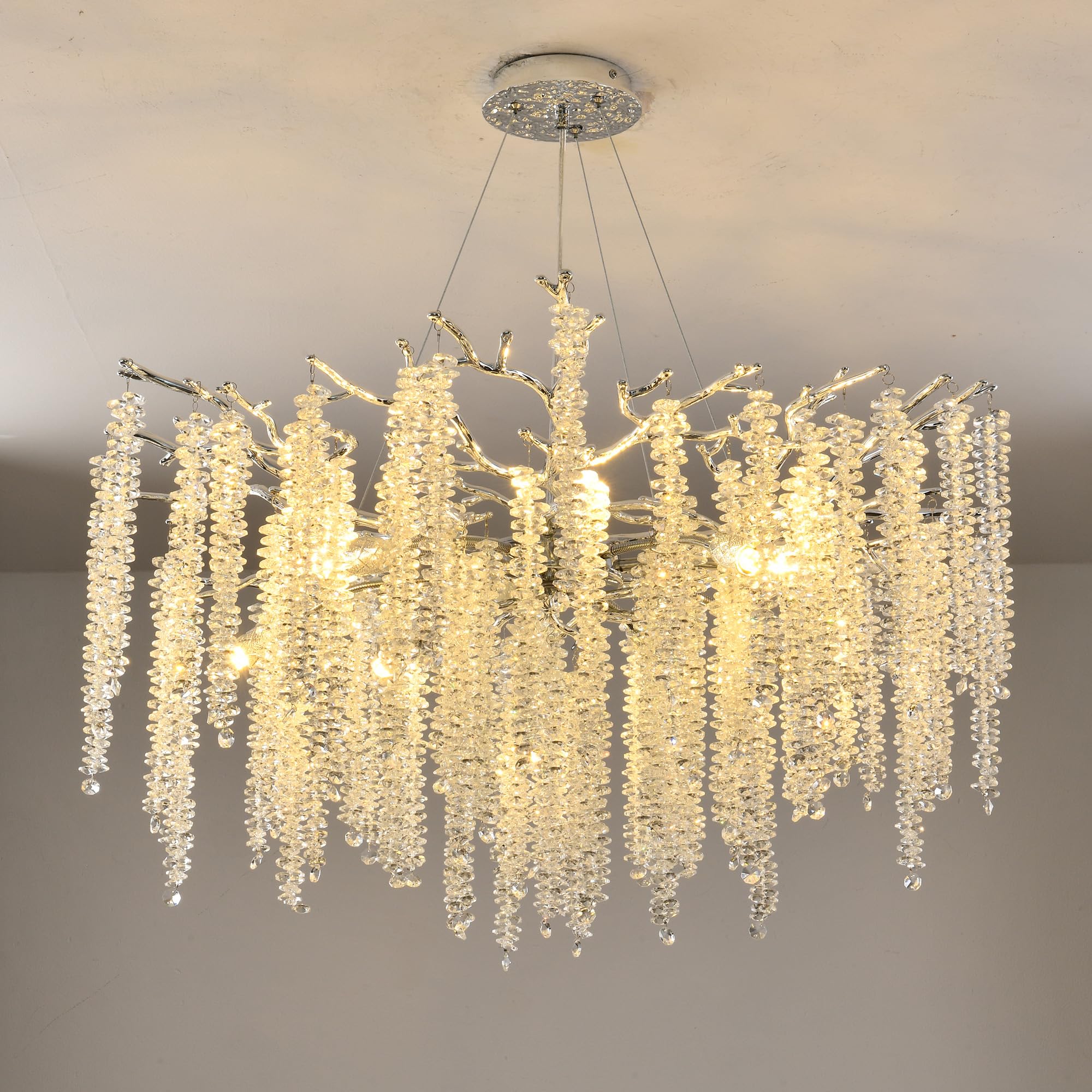 Upfelw Modern Crystal Tree Branch Chandelier, Polished Chrome Round Art Deco Raindrop Lighting Fixture for Dining Room Bedroom L