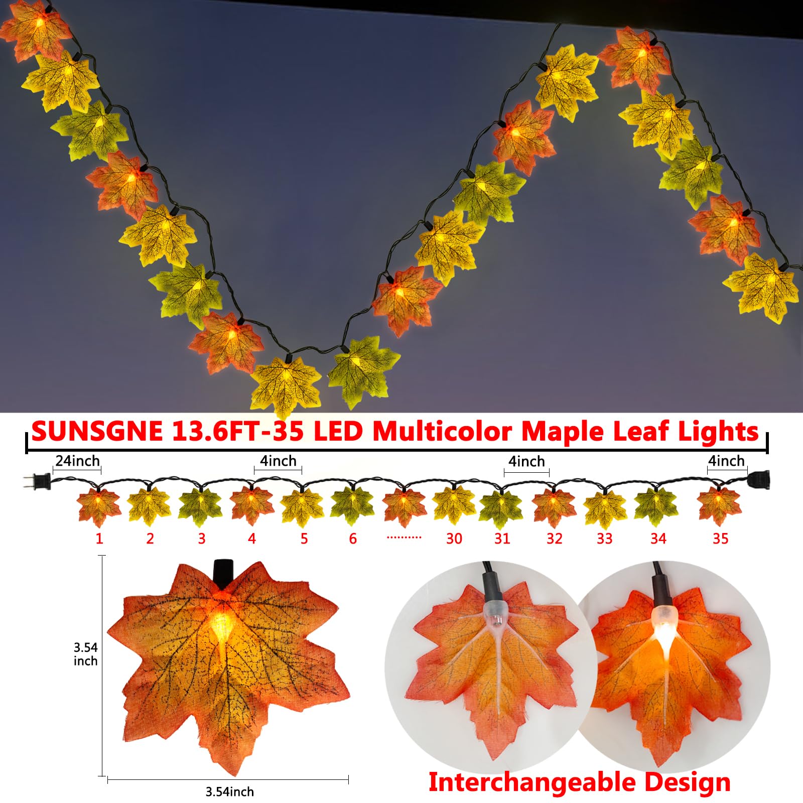 SUNSGNE Thanksgiving String Lights, 8.5ft with 10 Multicolor Maple Leaf Lights, Indoor Autumn Decor, Model LRGC-10A003
