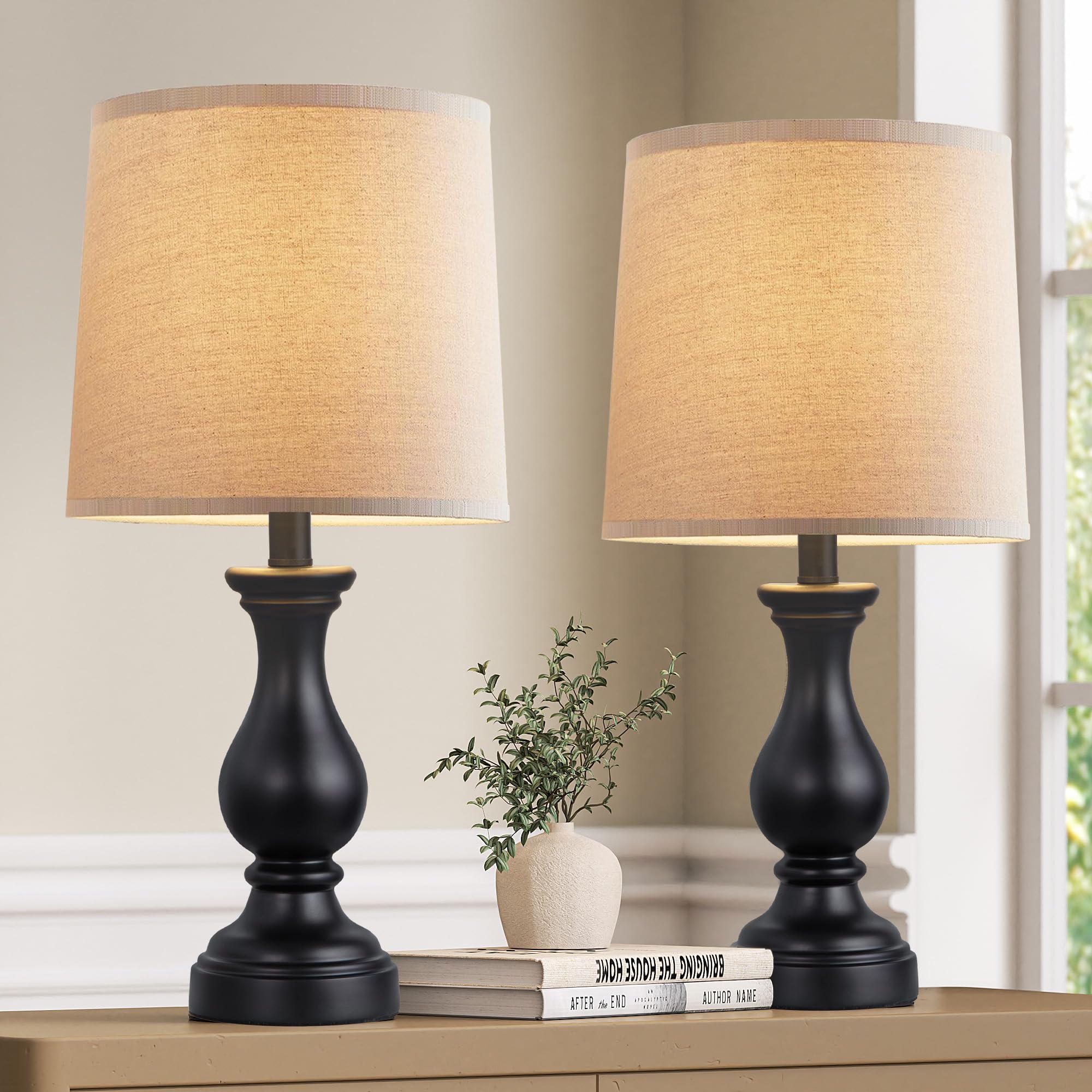 Seealle Farmhouse Table Lamps Set of 2 - Rustic Lamp for Bedroom Living Room  22 Boho Bedside Lamps for Night Stands End Table Office Desk Lamp Nightstand with Linen Shades(Matte Black)