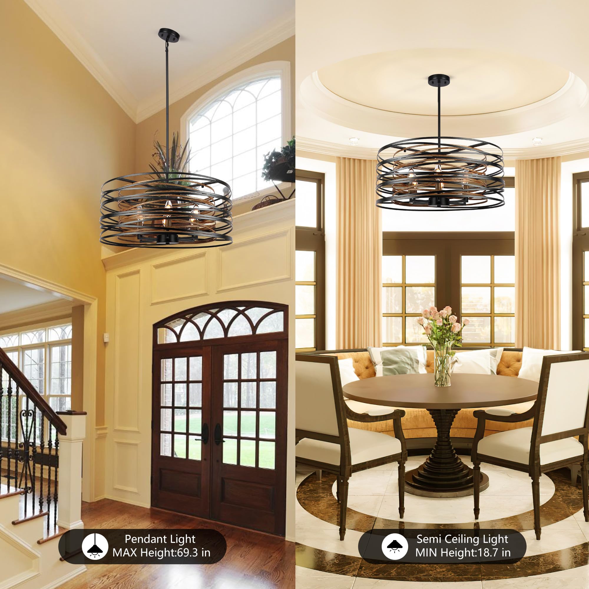 Sigaitwei 6-Light Black Farmhouse Chandelier - 23.6" Metal Light Fixture for Dining Room, Kitchen, Entryway