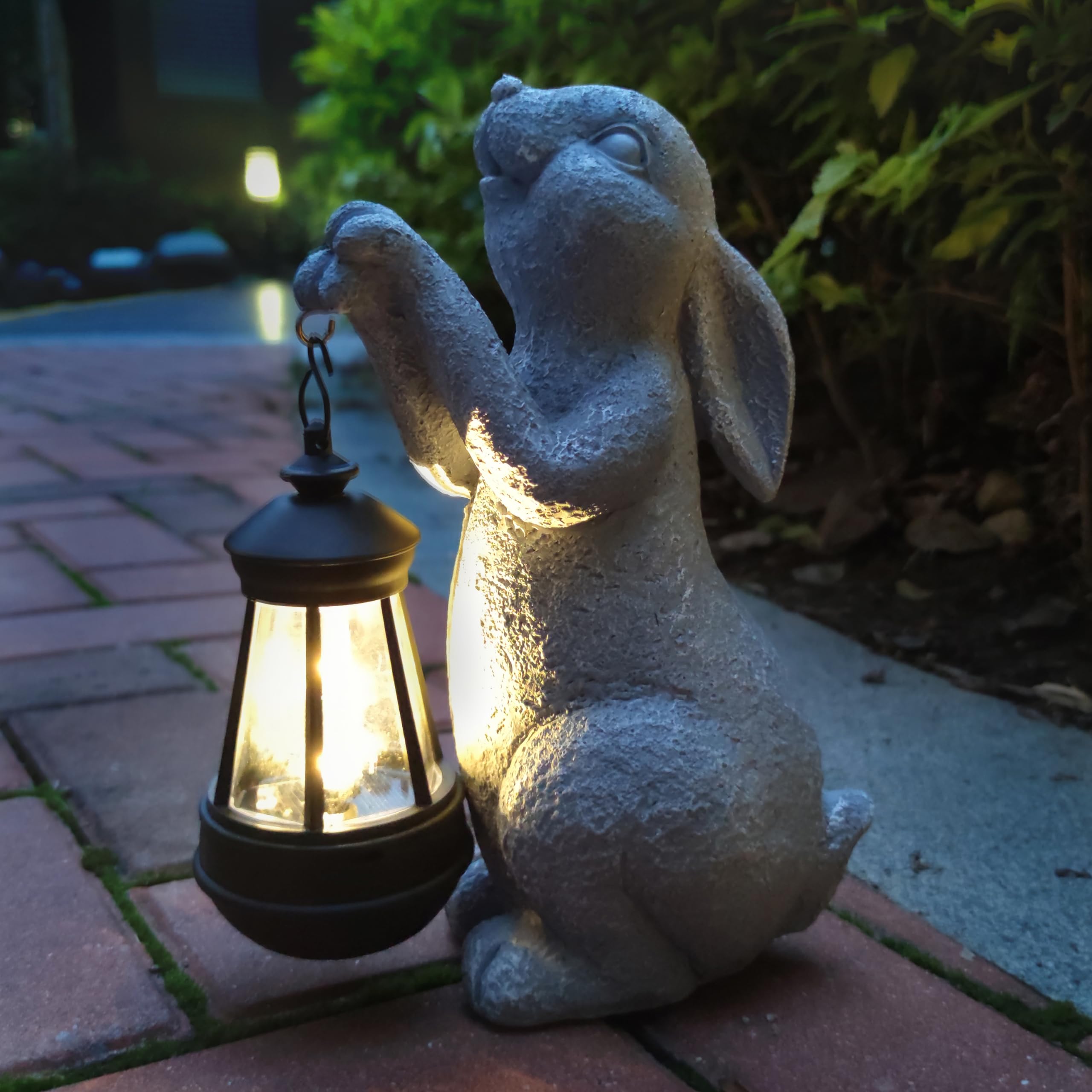 Vioyouns Rabbit Solar Garden Outdoor Statues,Resin Rabbit Figurine Decorations With Solar Lights Lantern, Outdoor Rabbit Art Dec