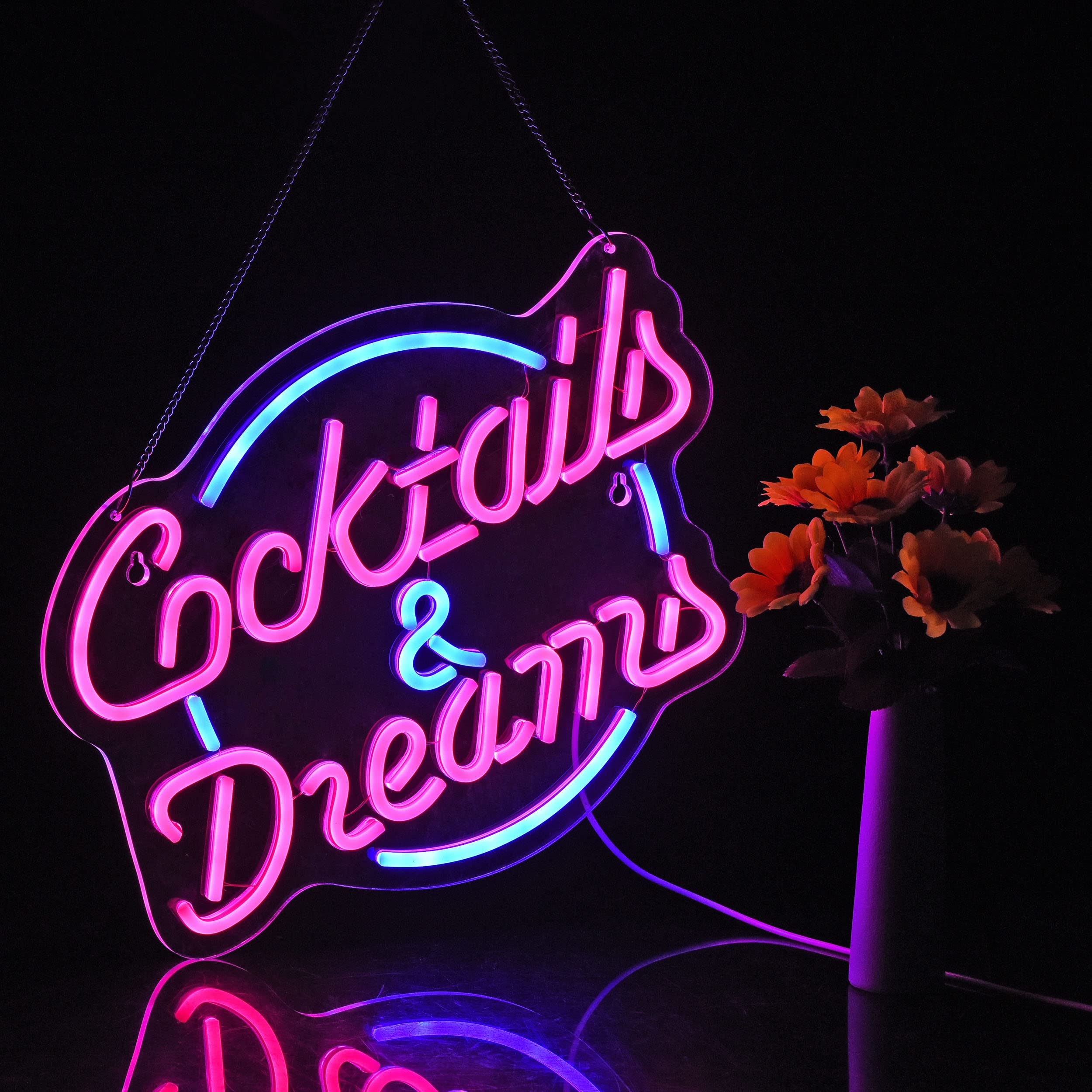 Haimococl Cocktails and Dreams Neon Sign - Dimmable LED Wall Decor in Pink & Blue for Bedroom, Bar, Hotel, Party, Club, Office