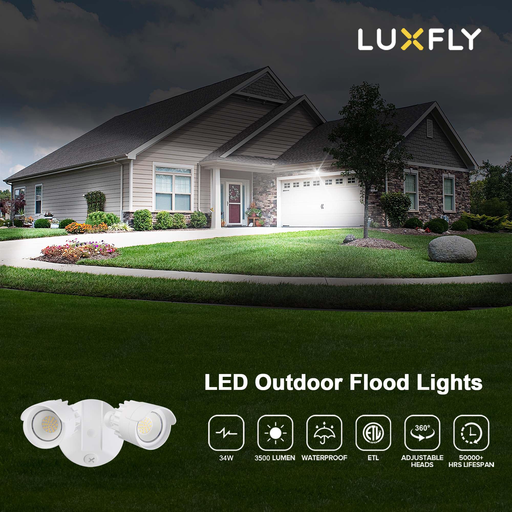 Luxfly Led Flood Lights Outdoor, 34W 3500Lm 5000K Daylight, Ip65 Waterproof Security Lights With 2 Adjustable Heads, Exterior Wall Light For Patio, Garage, Yard (White)