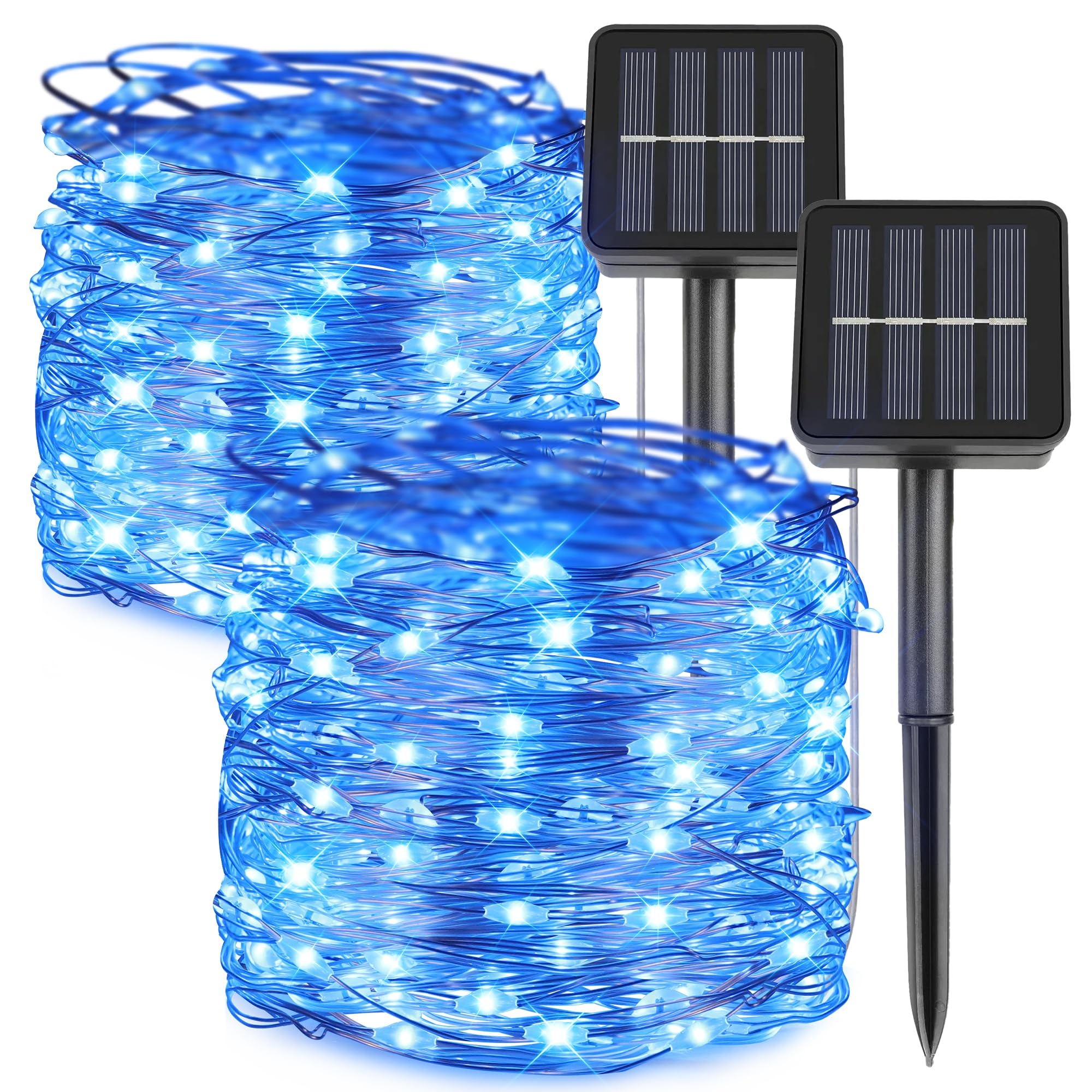 kemooie 2 Packs Solar String Lights, 100 LED 33FT 8 Twinkle Modes Blue Solar Powered Fairy Lights, Waterproof for Outdoor, Tree,