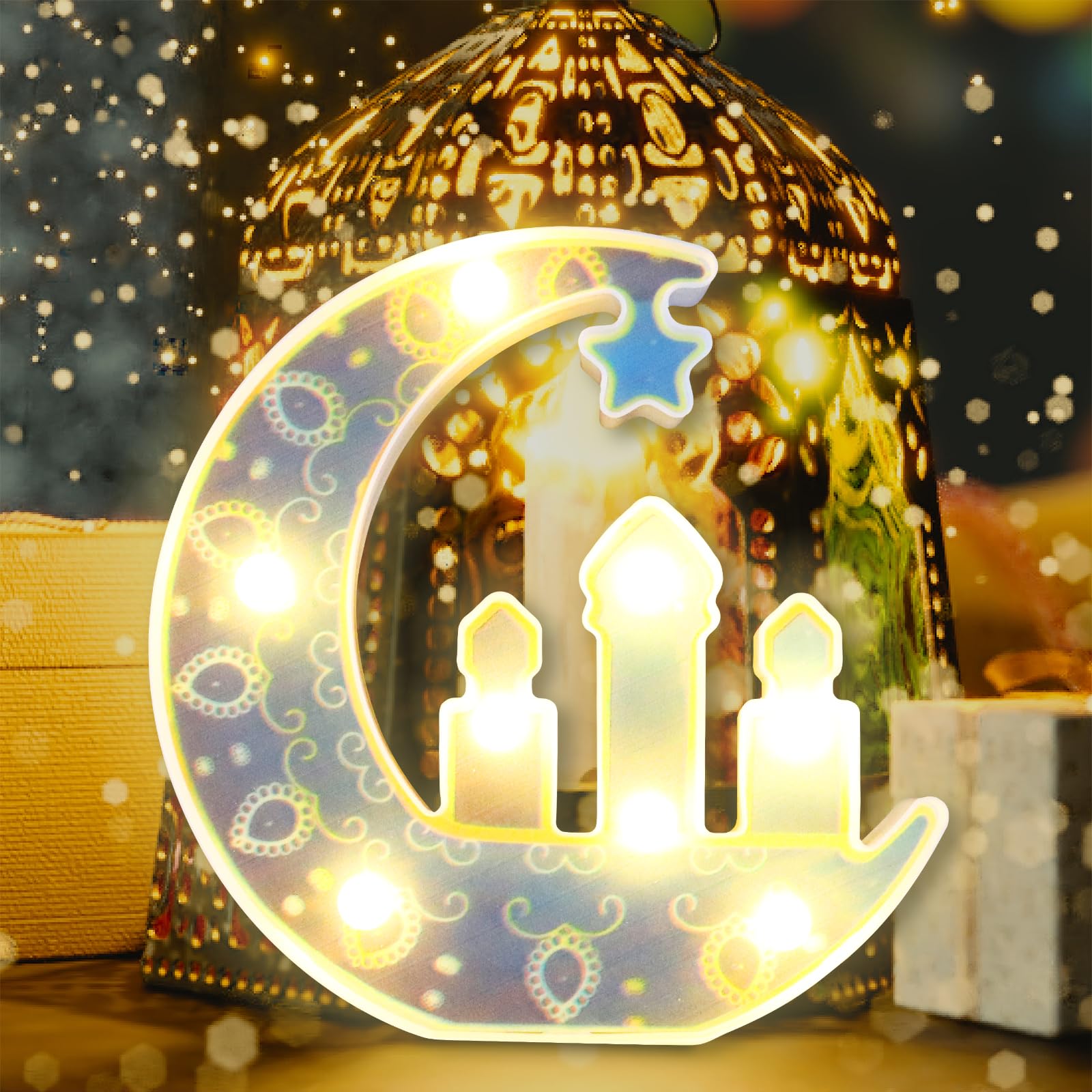 Yaozhou Ramadan Eid Decorations For Home Lights, Warm White Lamp, Moon, Castle Window Desk Led Lights, Mosque Eid Mubarak Battery Operated Hanging Lights, Decor For Eid Al- Fitr,Gift For Kids(C)
