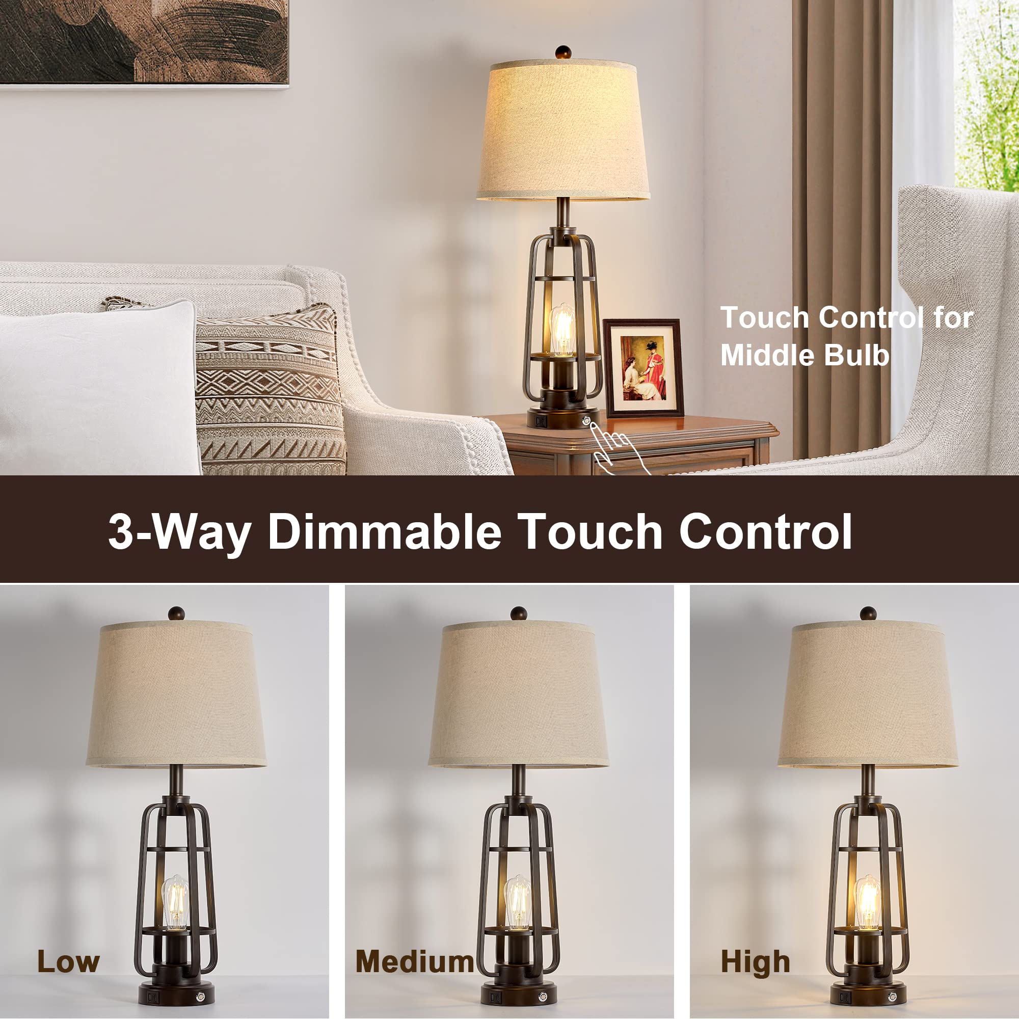 Srjja 28.7'' Farmhouse Table Lamps For Living Room Set Of 2, 3-Way Dimmable Touch Lamps With Usb A+C Ports, Rustic Industrial Ni