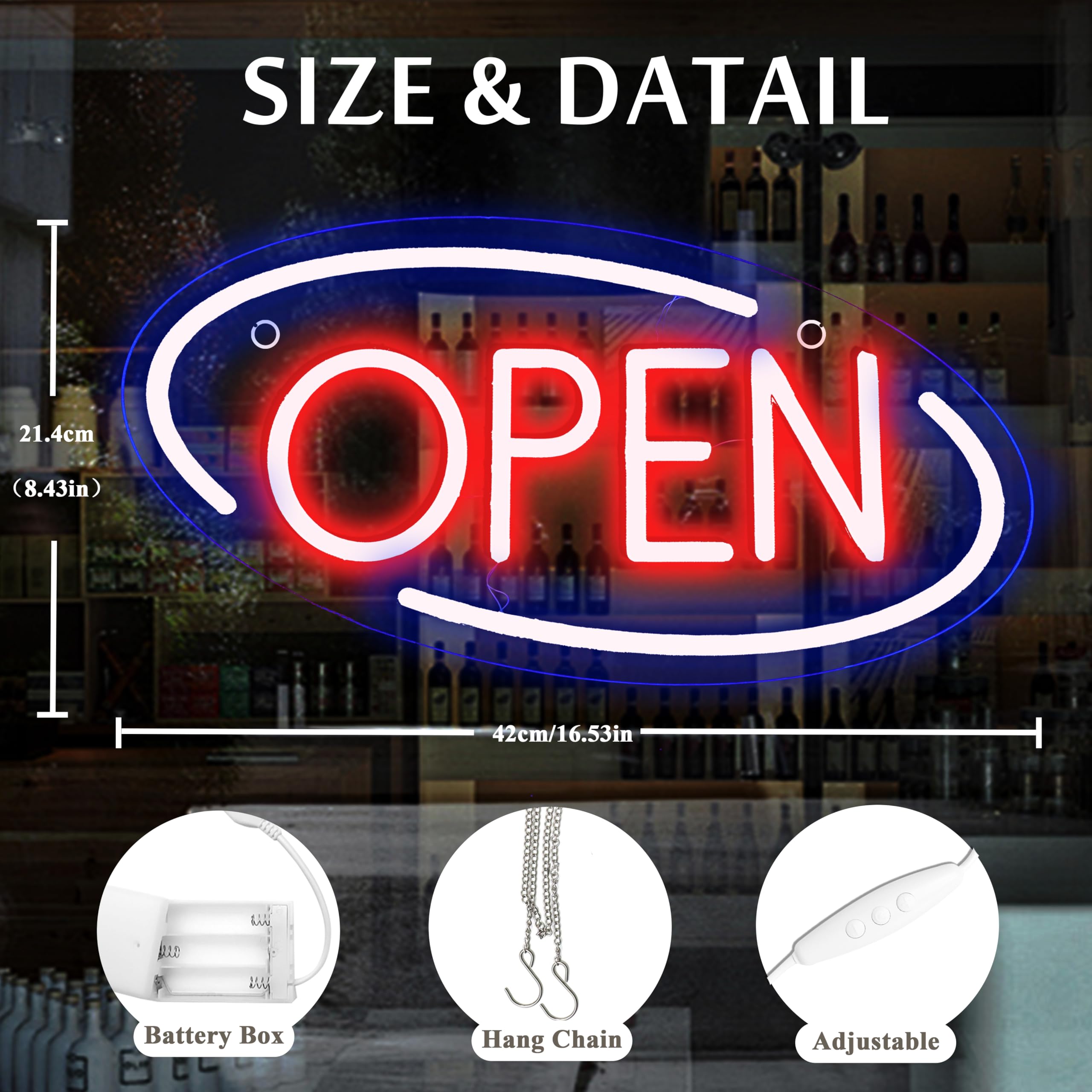 Shellvcase Open Neon Sign - Battery Operated, USB Powered, Adjustable Brightness, 16.5x8.4 inches, Red Acrylic for Wall Decor