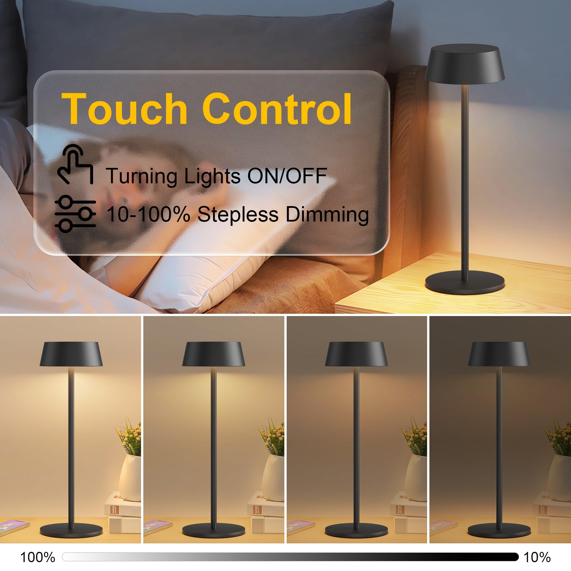 Aipsun Table Lamps Set Of 2, Black Battery Operated Table Lamp Cordless Outdoor Touch Led Table Lamp For Restaurant/Living Room/