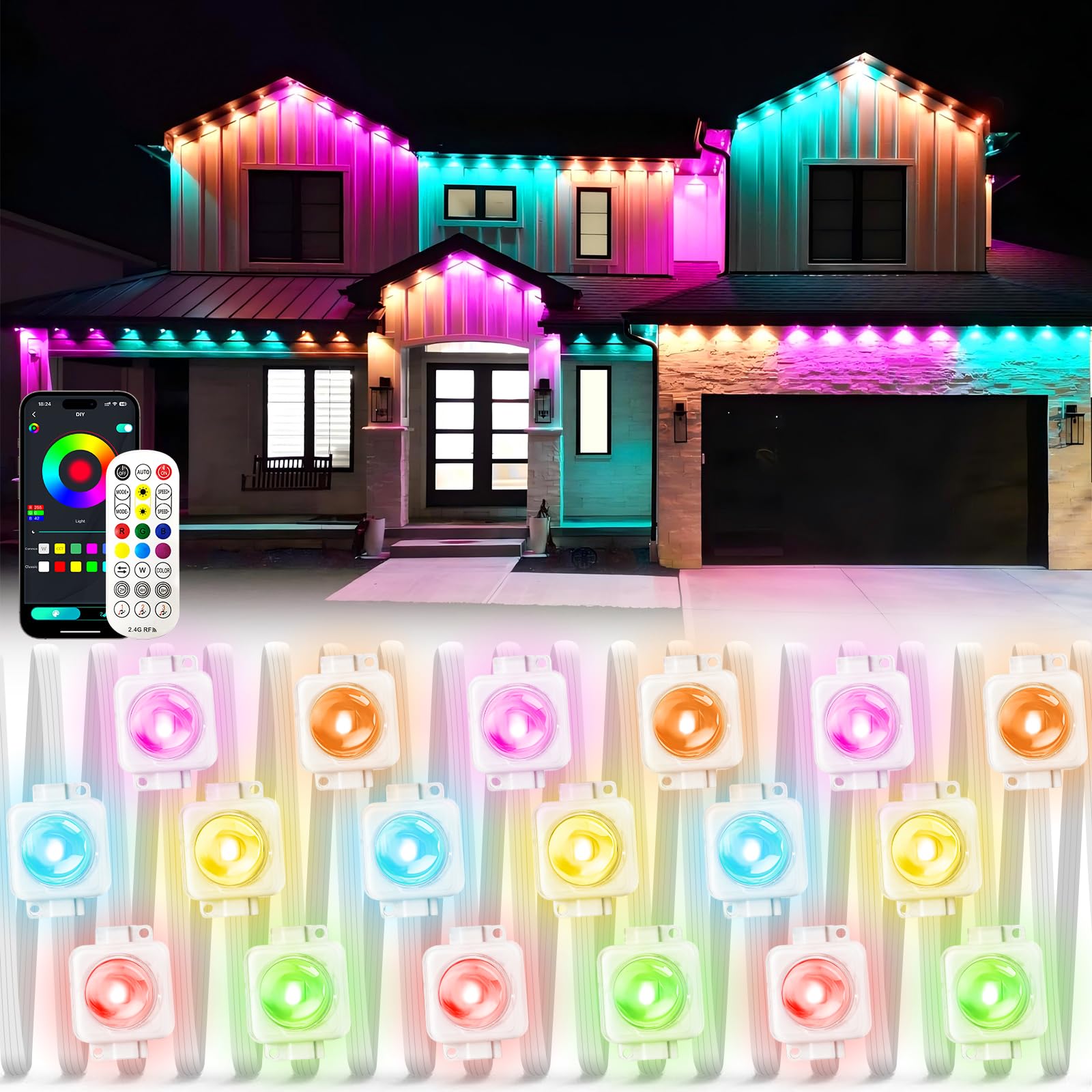 PIYOOPDR Outdoor LED Eave Lights, 200FT, Smart RGB-IC, 4000K White & Multicolor, IP67 Waterproof, Model JG-001W-10