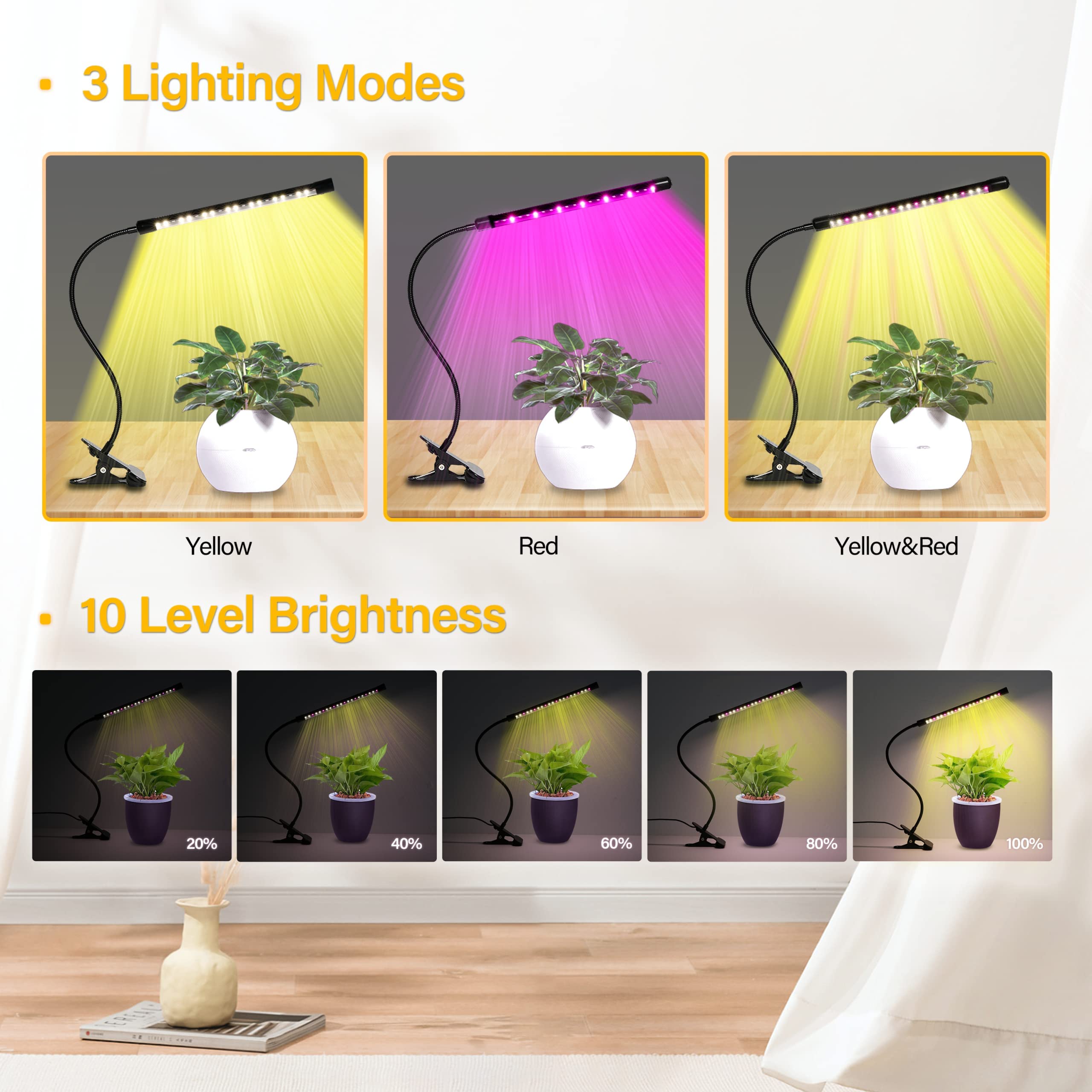 iPower LED Grow Light with Adjustable Gooseneck, Multiple Dimmable Levels, 1 Tubes, Yellow
