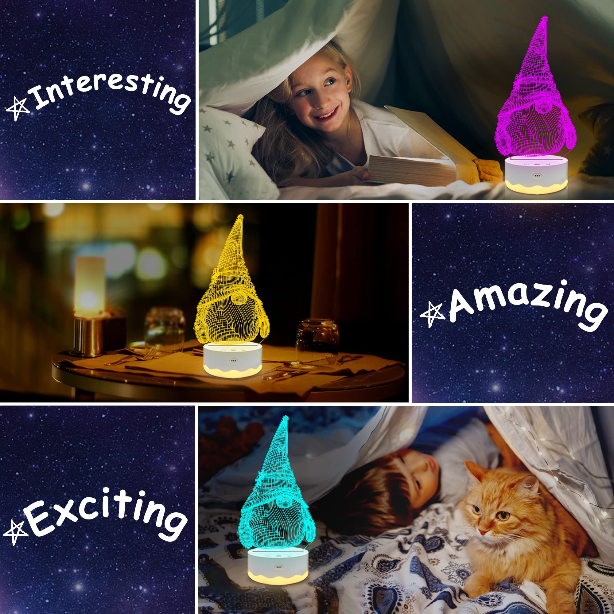 Ammonite Gnome Gifts, Gnome Night Light 3D Optical Usb Led Lamp With Remote Touch 16 Color Flashing Changing Timer St Patricks D