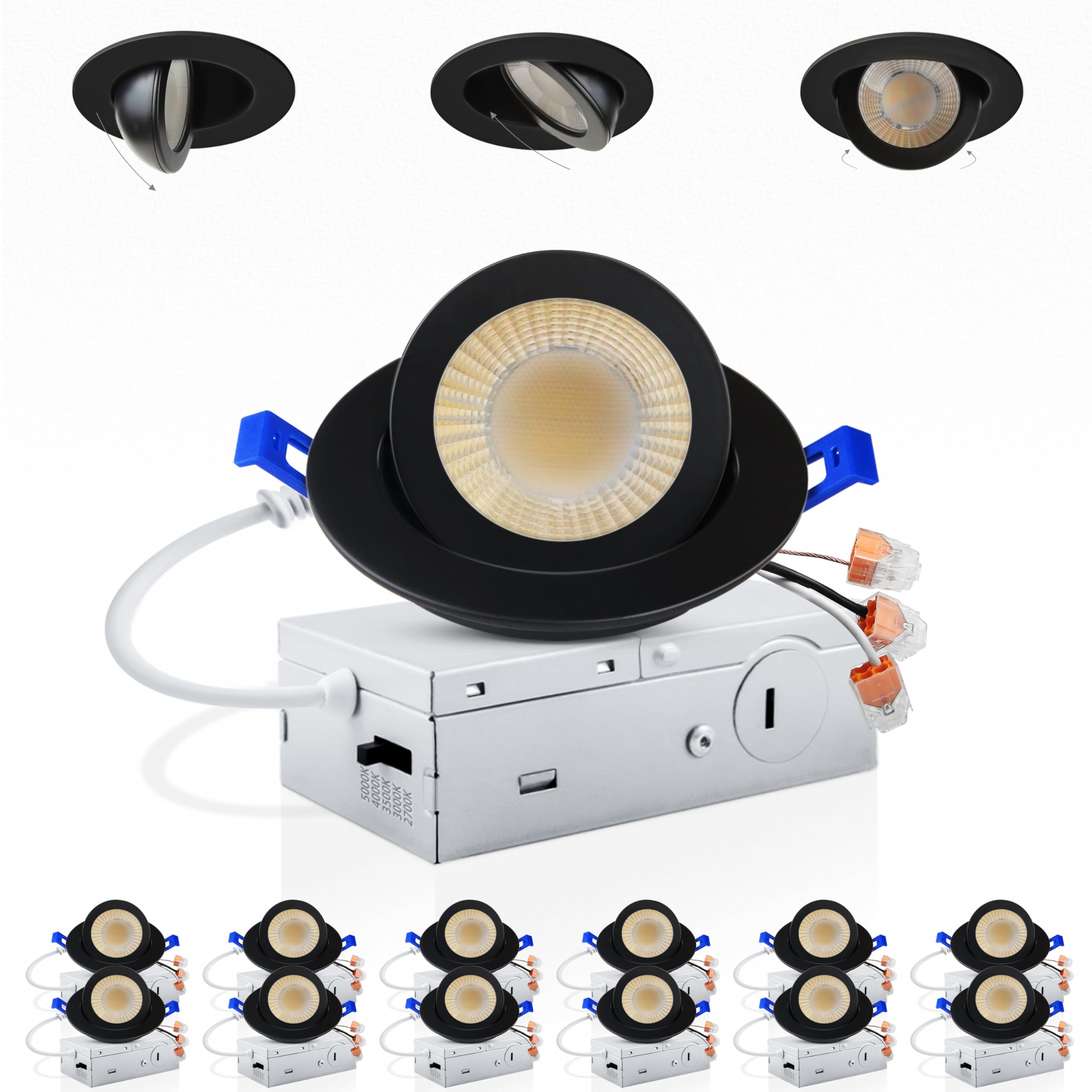 Adetu 3 Inch Gimbal Balck Led Recessed Lighting  360?90?Adjustable Directional Led Recessed Lights  2700K/3000K/3500K/4000K/5000K Dimmable Retrofit Eyeball Can Lights With Jbox Etl (Black  12 Pack)