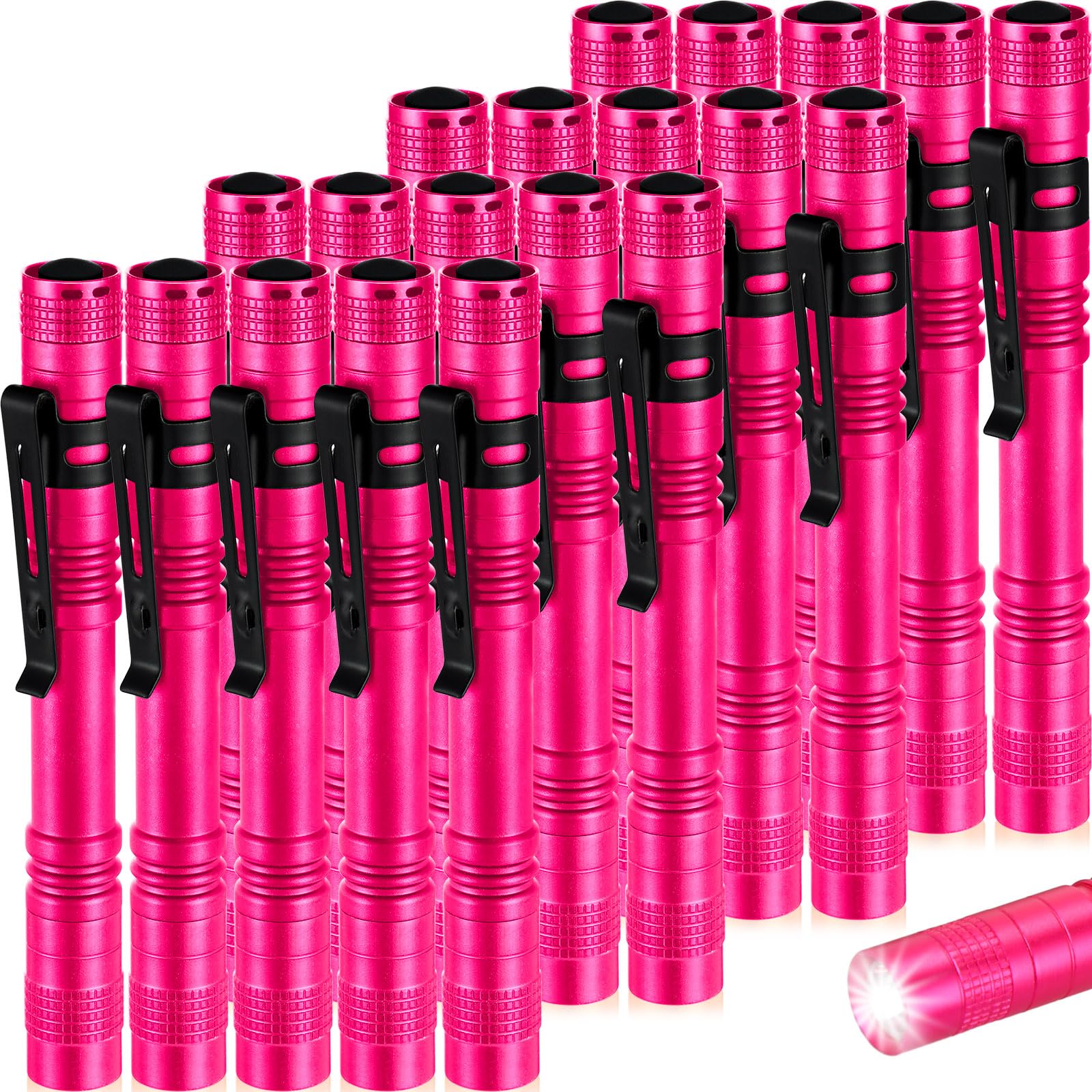 Hortsun Mini Pen Light Flashlights, 5.12 Inch, Aluminum, Rose Pink, Pack of 20, Portable LED Torches with Clip