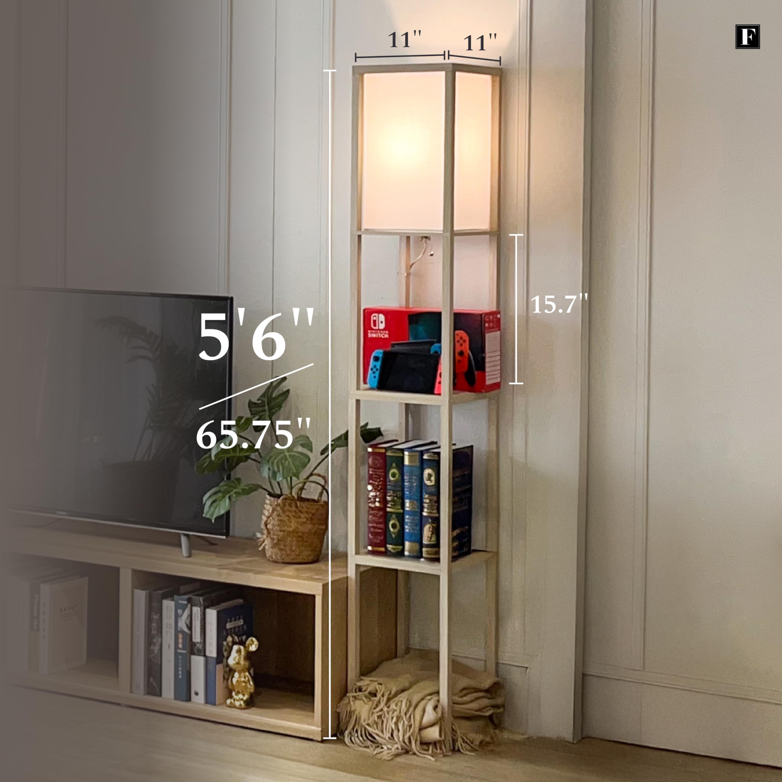 Fenlo Floor Lamp With Shelves - Tall Standing Lamp With Tempered Glass Tiers - Modern Minimalist Floor Lamp For Bedroom, Living