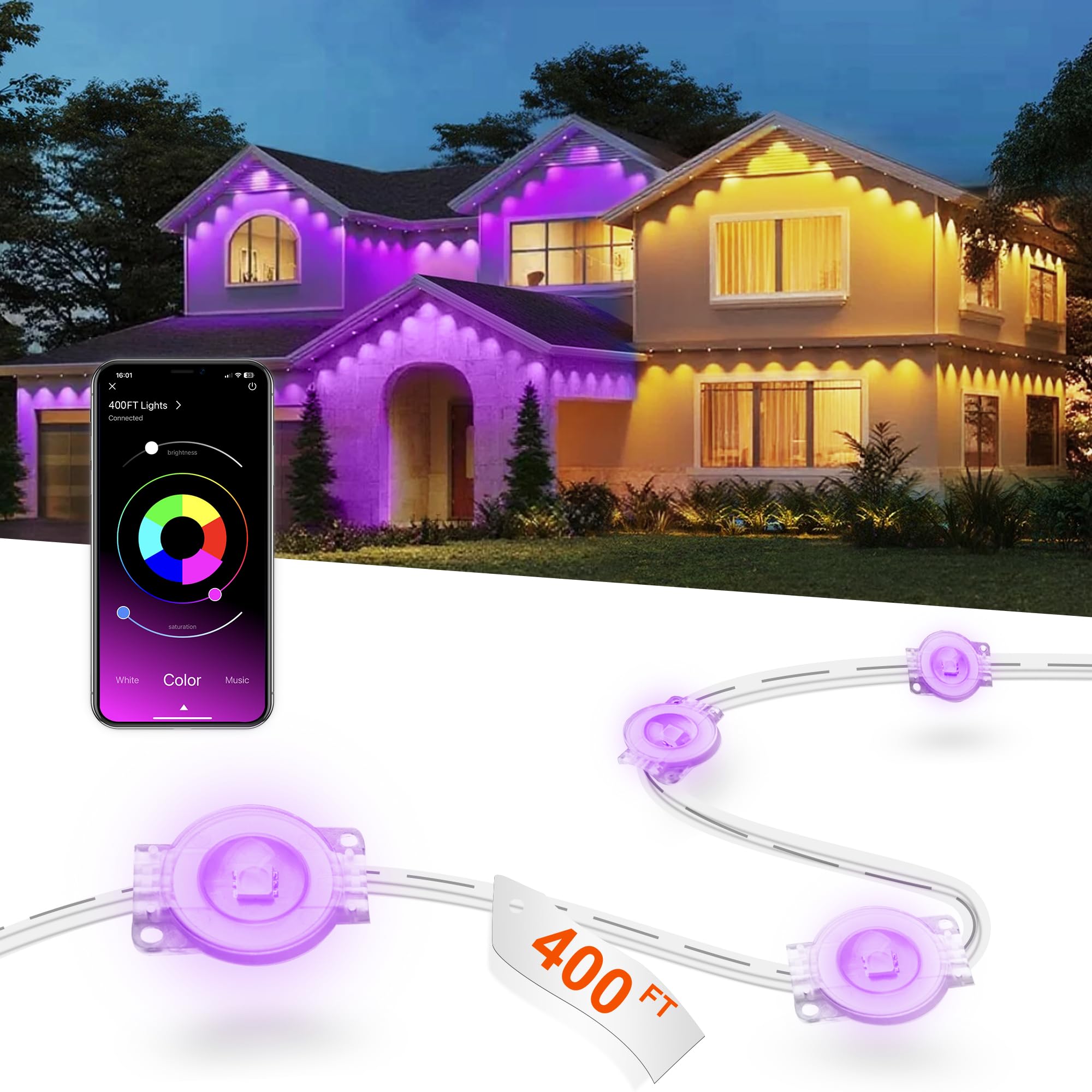 Nexillumi Smart RGB Outdoor Lights, 400FT, IP67 Waterproof, Model LX20250312-120M, Perfect for Halloween & Christmas Decorations