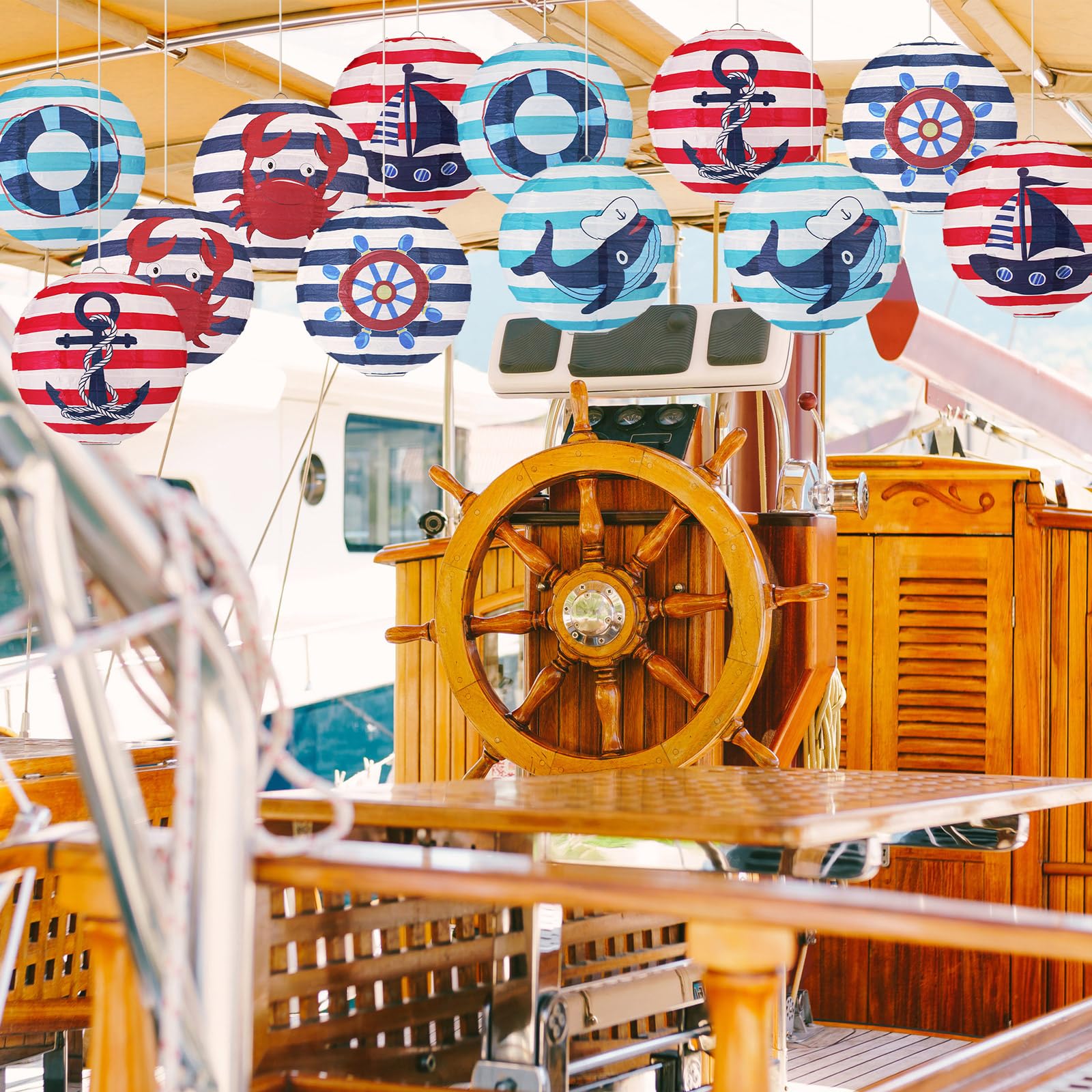 Panelee 12 Pcs Nautical Anchor Party Decorations Sailor Boat Cruise Ship Theme 8 Inches Hanging Paper Lanterns 8 Inches Round La