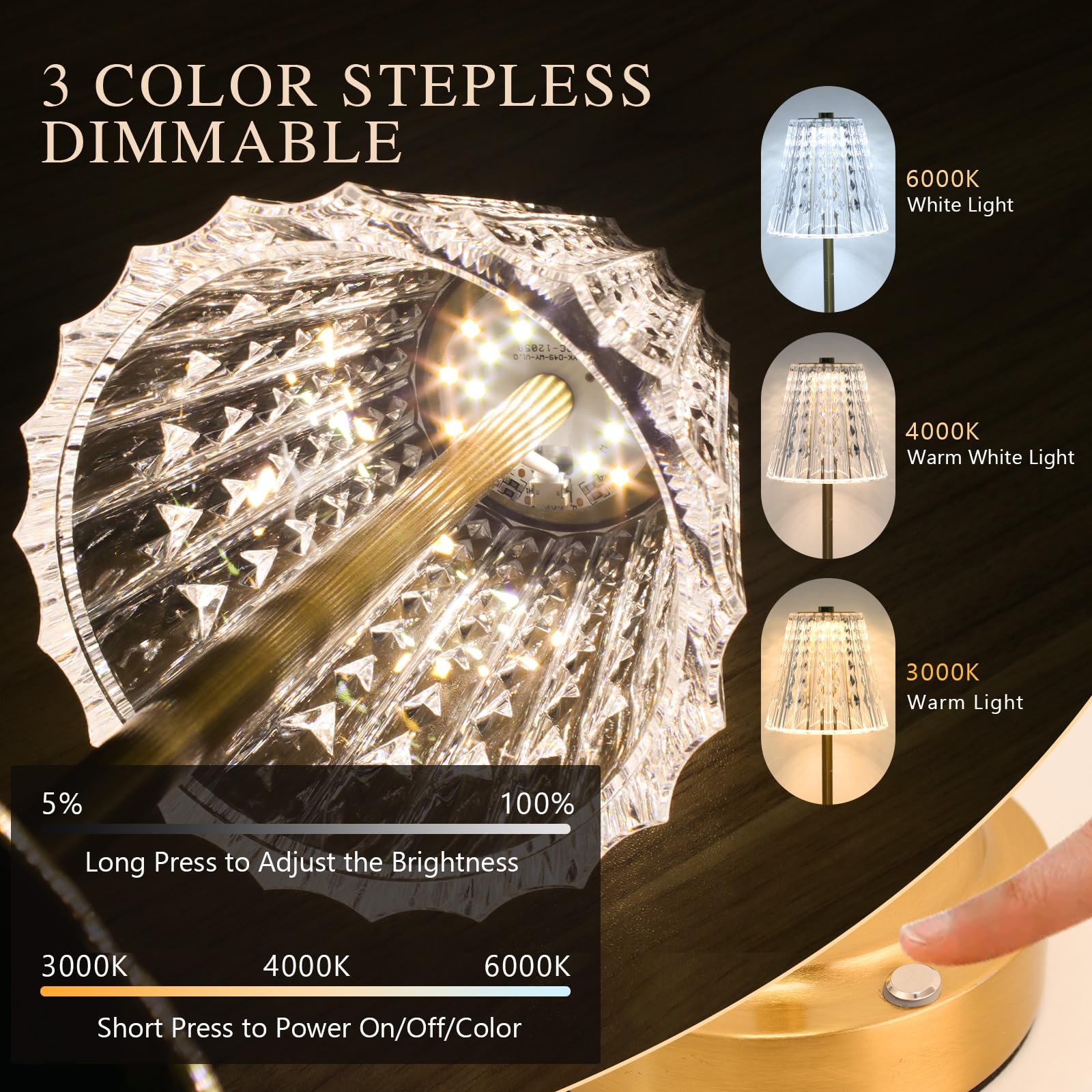 Gkeiten Touch Cordless Table Lamp Rechargeable  3600Mah Battery Operated Small Crystal Lamp  3 Color Dimmable Vintage Gold Table Light For Bedroom/Kitchen/Gift For Home D?Cor ((stylish Style)