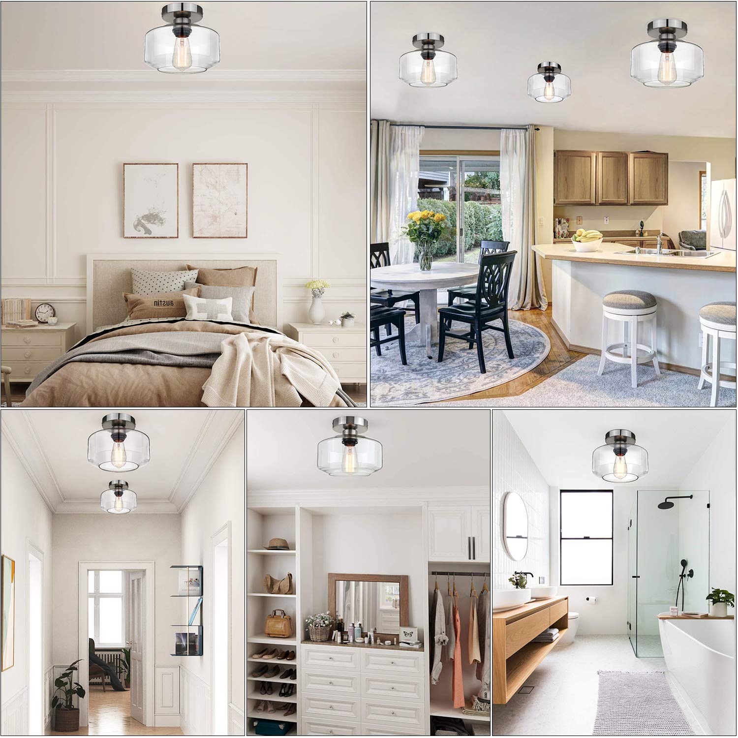 Maxvolador Industrial Semi Flush Mount Ceiling Light Brushed Nickel, Clear Glass Pendant Lamp Shade Farmhouse Lighting Hallway,