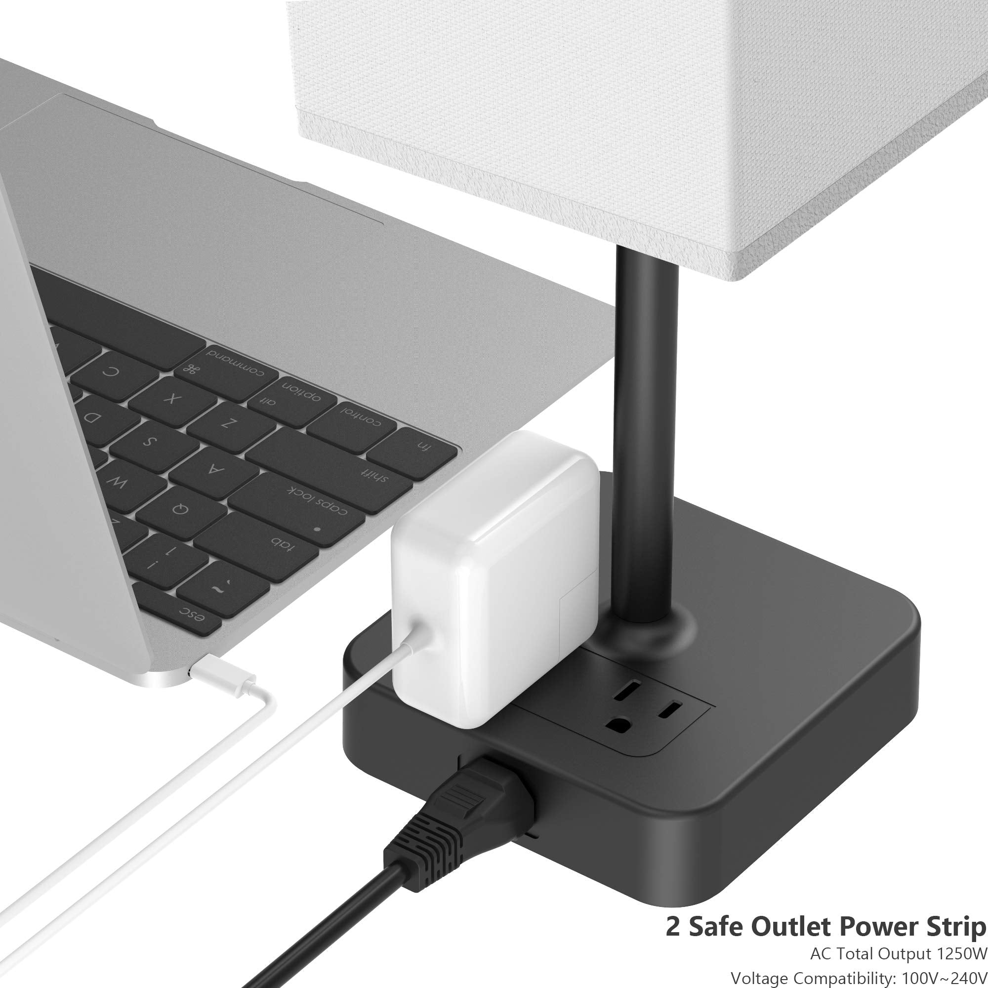 Alimentata Touch Control Bedside Table Lamp with USB C & A, 2 AC Outlets, White Fabric Shade, Model H06