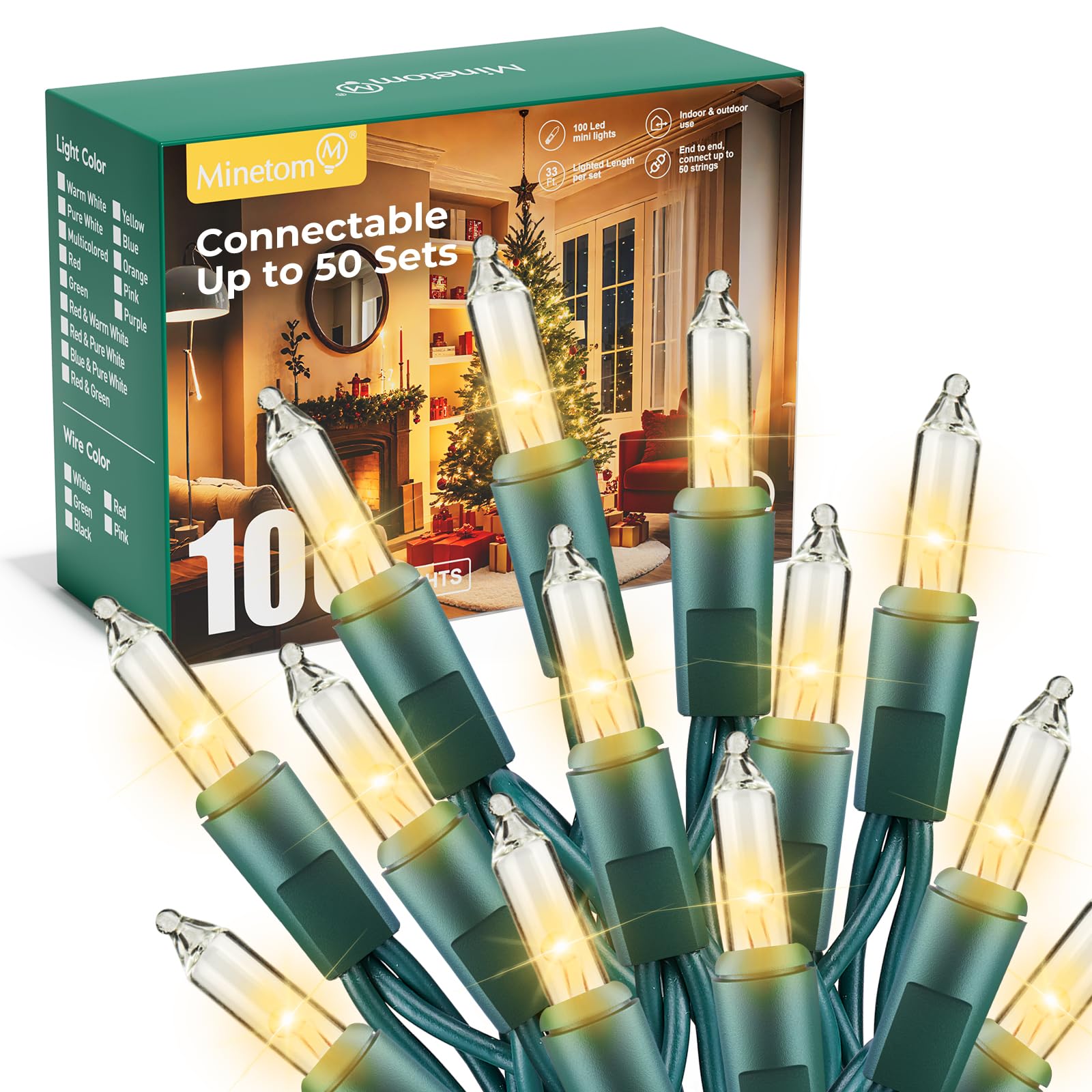 Minetom LED Christmas String Lights, 100 Count, 33 ft, Clear Warm White, Indoor/Outdoor Holiday Decorations
