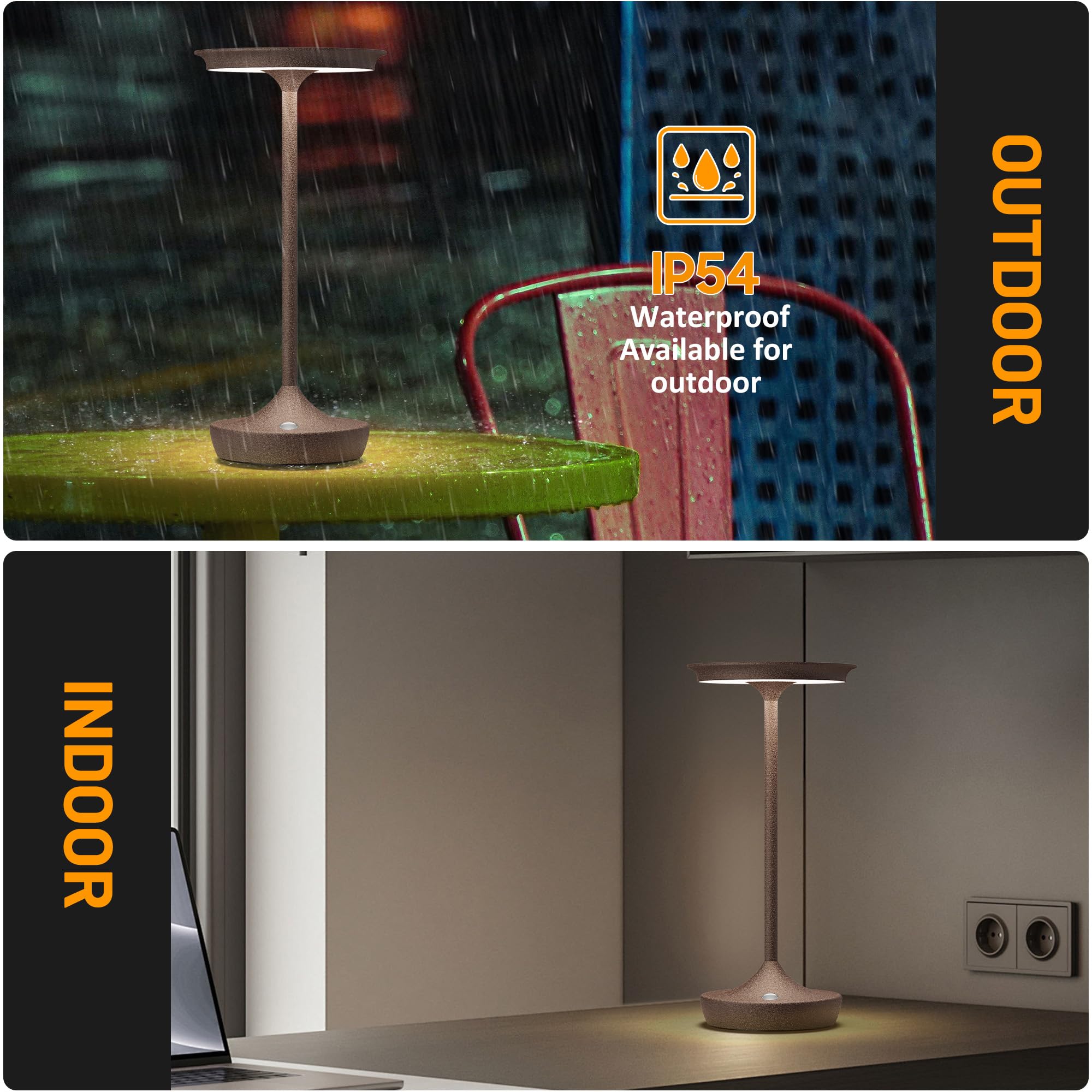 YHT Cordless Rechargeable Table Lamp, 6000mAh Battery, Waterproof, Stepless Dimming, Aluminum, Rust 1Pack, Model 825