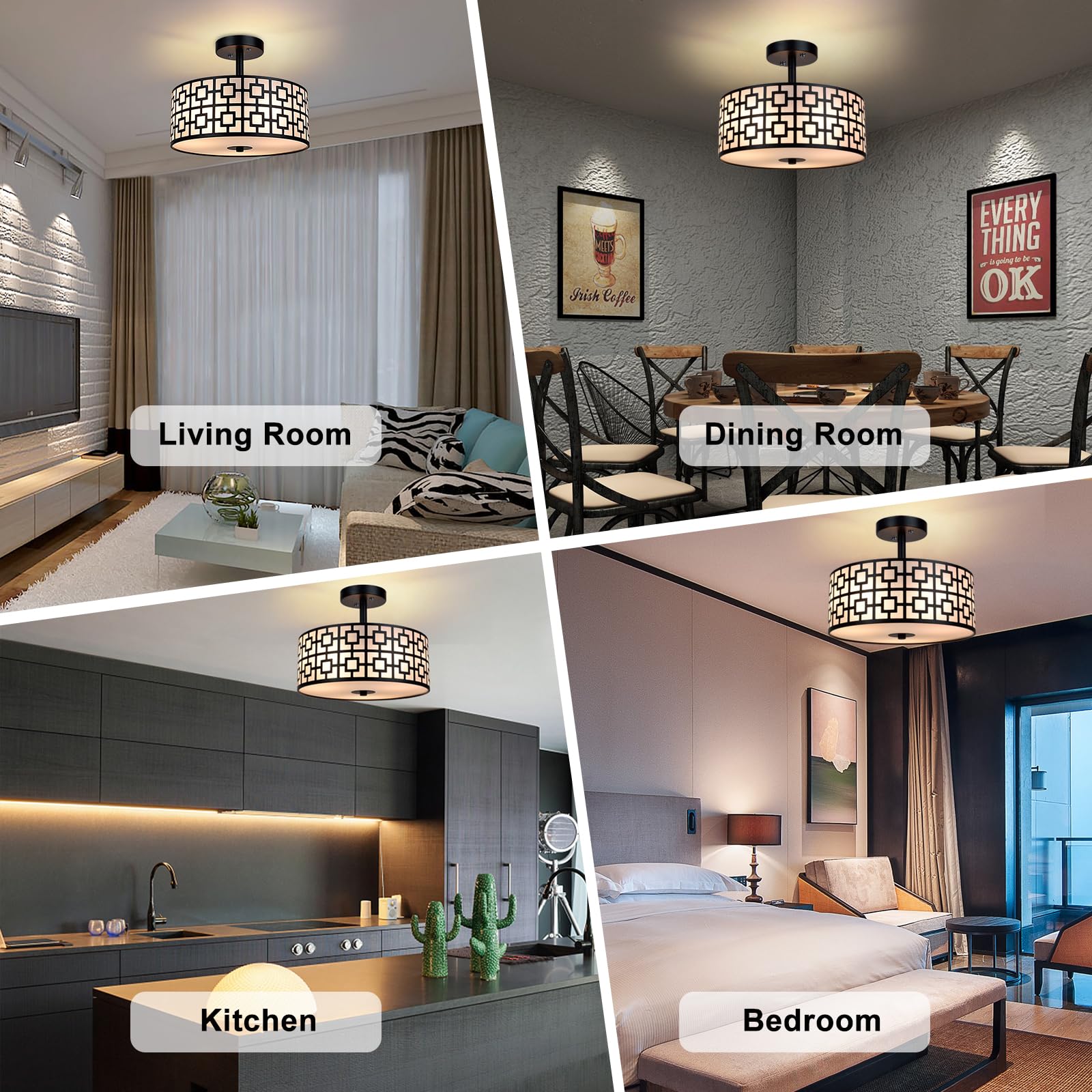 DINGLILIGHTING Modern 3-Light Semi Flush Mount Ceiling Light Fixture, 12.6 Inch, Black, Aluminum, Model WSCL30-B