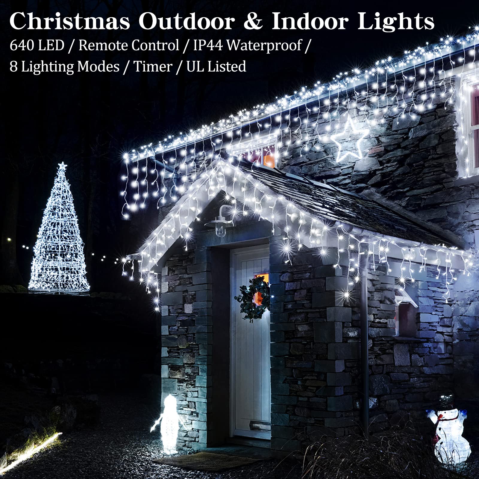 Icicle Christmas Lights Outdoor Decorations 640 Led 65.6 Ft 8 Modes Led Icicle String Light With 120 Drops, Fairy String Curtain