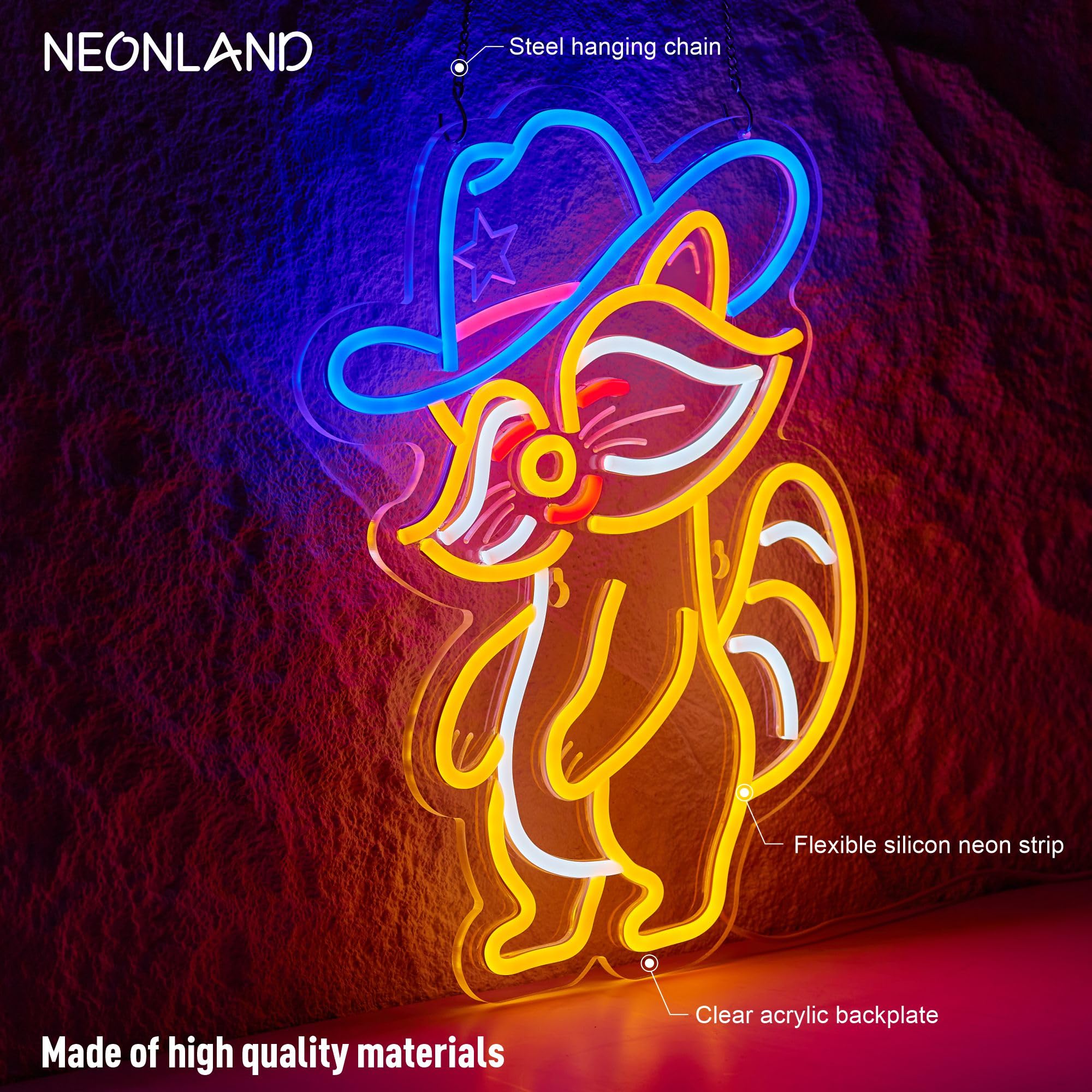 NEONLAND Cowboy Racoon Neon Sign LED Light USB Powered Dimmable 16.5 x 12.6 inches Racoon Orange