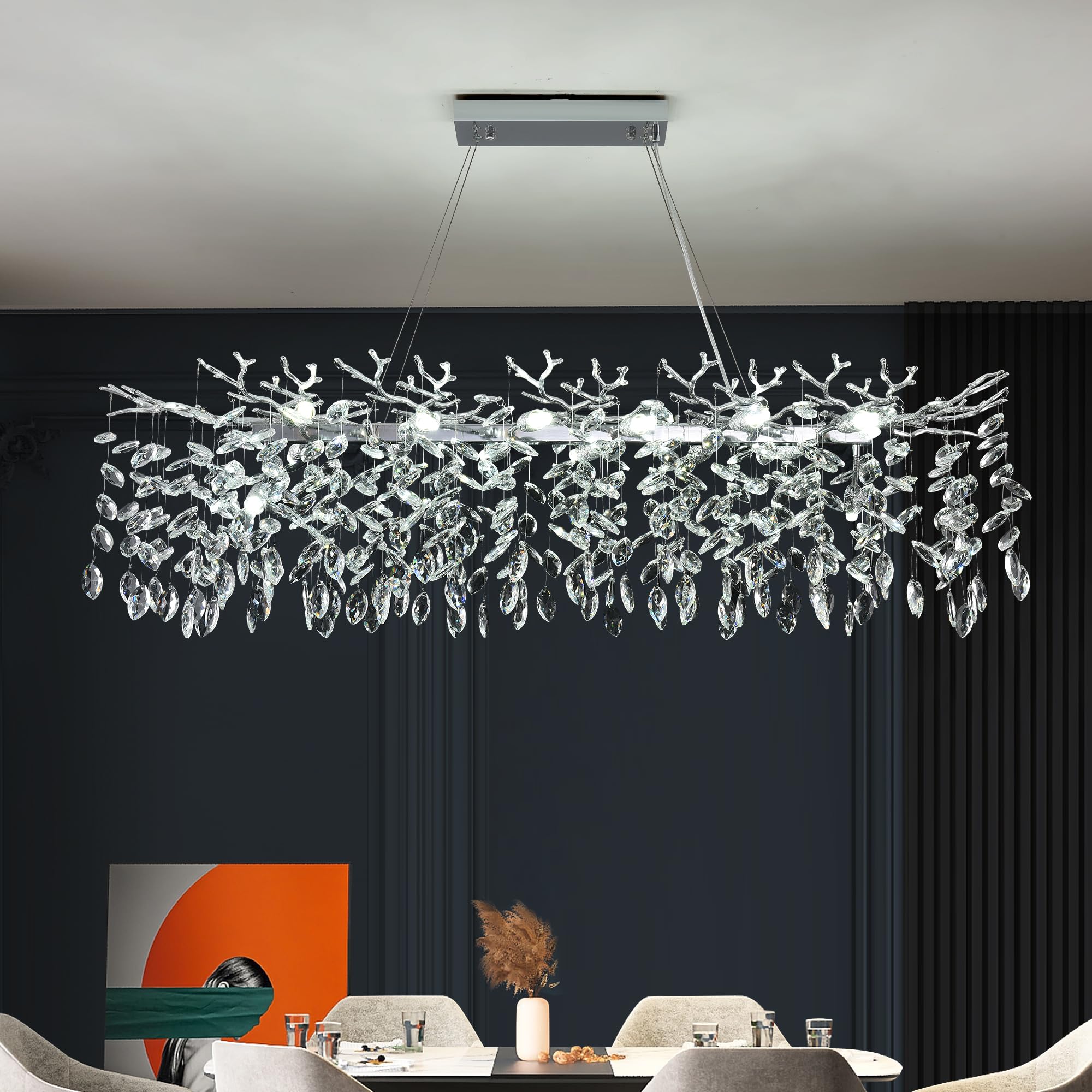 Upfelw Modern Rectangle Crystal Tree Branch Chandelier  L47.3 Large Silver Linear Raindrop Indoor Hanging Pendant Light Fixture for Kitchen Island Foyer Living Room Dining Room 14 Lights