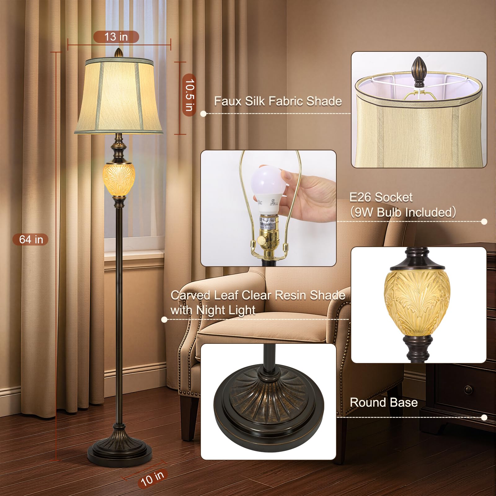 LuxSight Vintage Floor Lamp - 64" Tall Dark Bronze with Beige Faux Silk Shade & Nightlight - Farmhouse Design, Model PL8018-FLNO