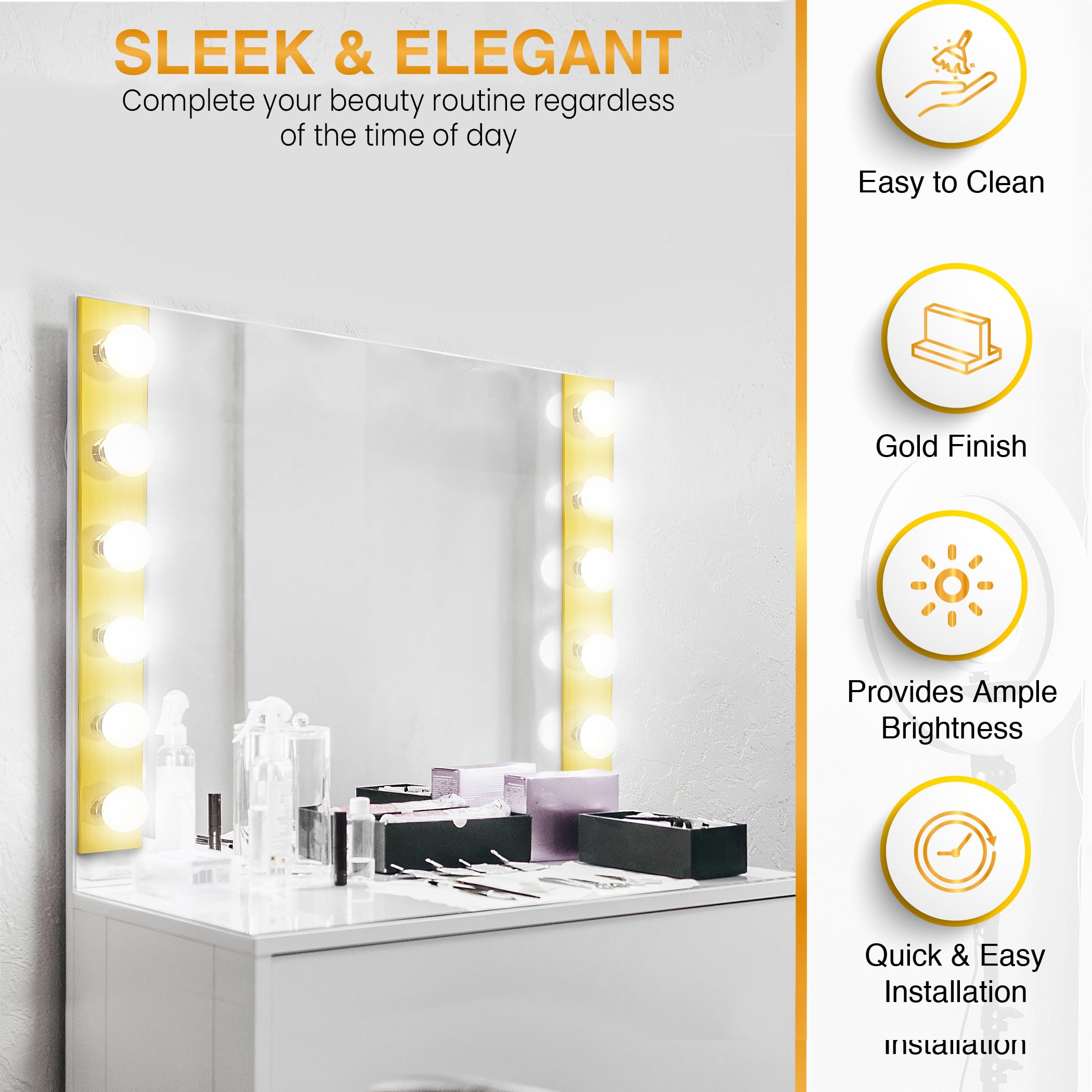 DYSMIO Vanity Strip Light Fixture - Gold Aluminum, 6 Light, 36 x 4.25 Inches - Hollywood Style for Bedroom, Bathroom, Makeup Studio