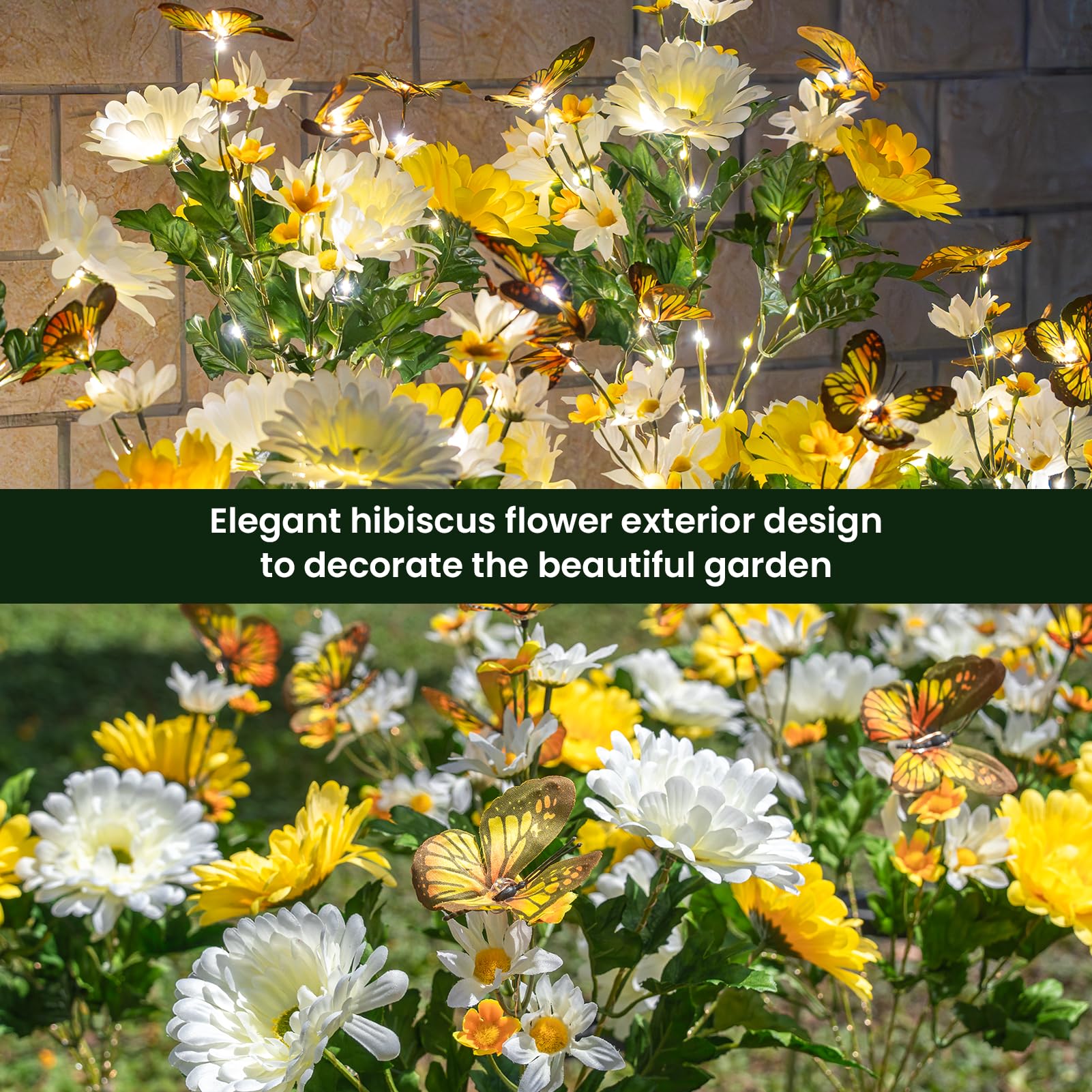 Topvelo Solar Garden Light 4 Packs  120 Leds Outdoor Solar Lighting With Daisy And Butterfly  Waterproof Outdoor Garden Light For Patio  Courtyard  Pathway Decoration (Yellow)