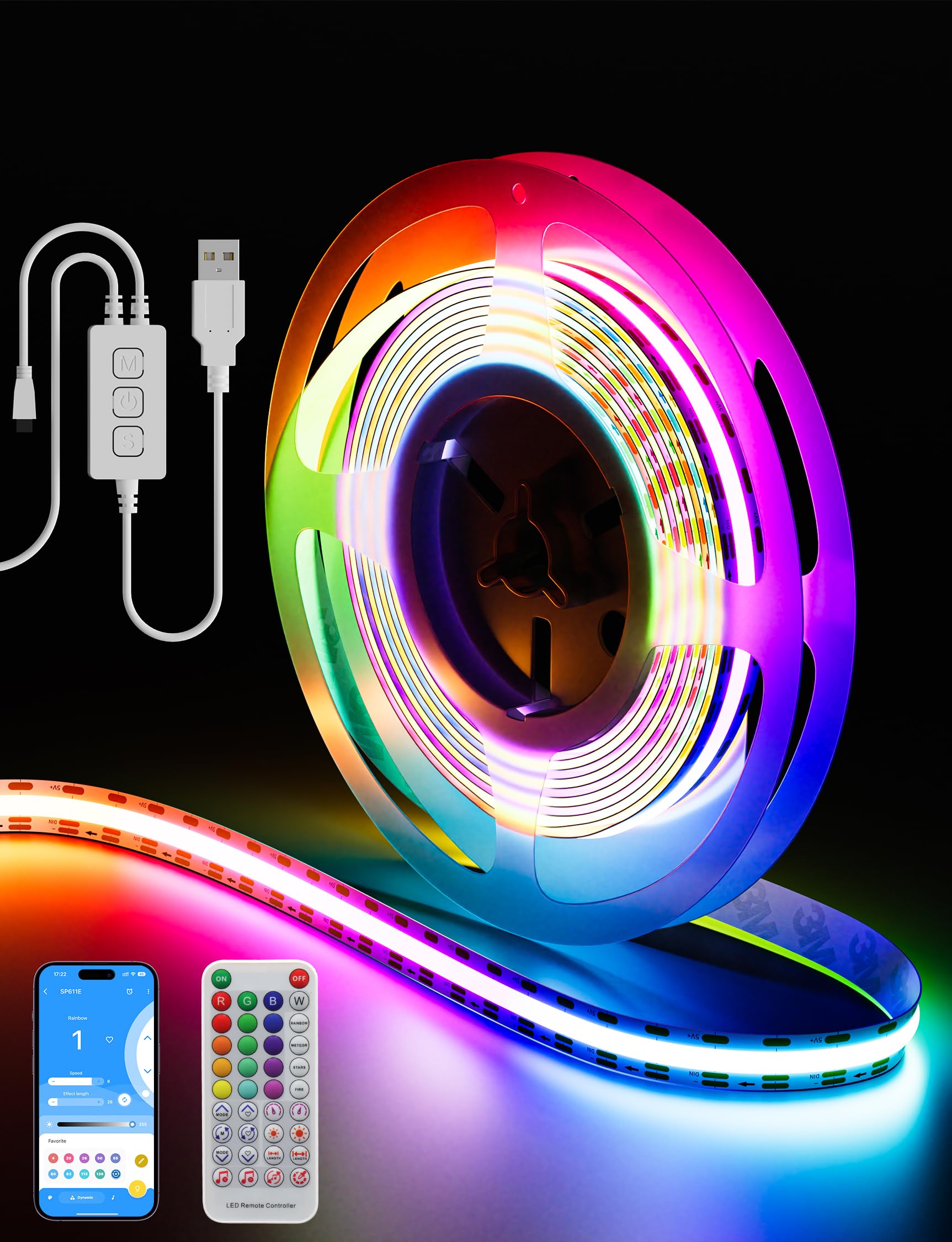 PAUTIX RGB Smart IC COB LED Strip Light Color Chasing,5V USB UL-Listed Multicolor Flexible Tape Light 6.56ft/2m with Music Mode/