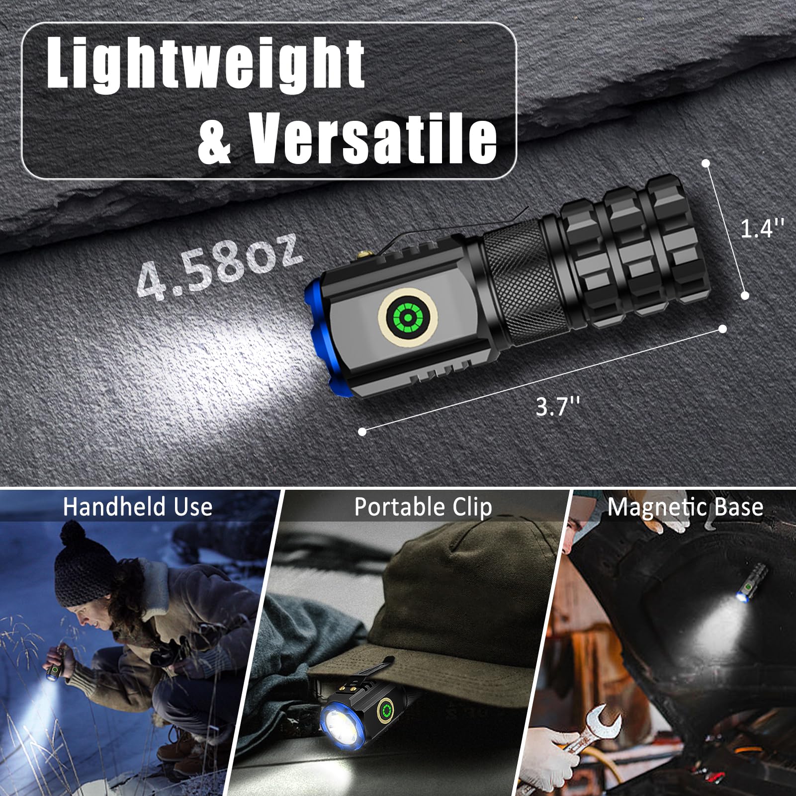 Xtauto Portable Led Mini Flashlight, Rechargeable Edc Small Pocket Flashlight 6 Lighting Modes W/Magnet Clip Waterproof For Camping Hiking Night Walking Running Outdoor Emergency