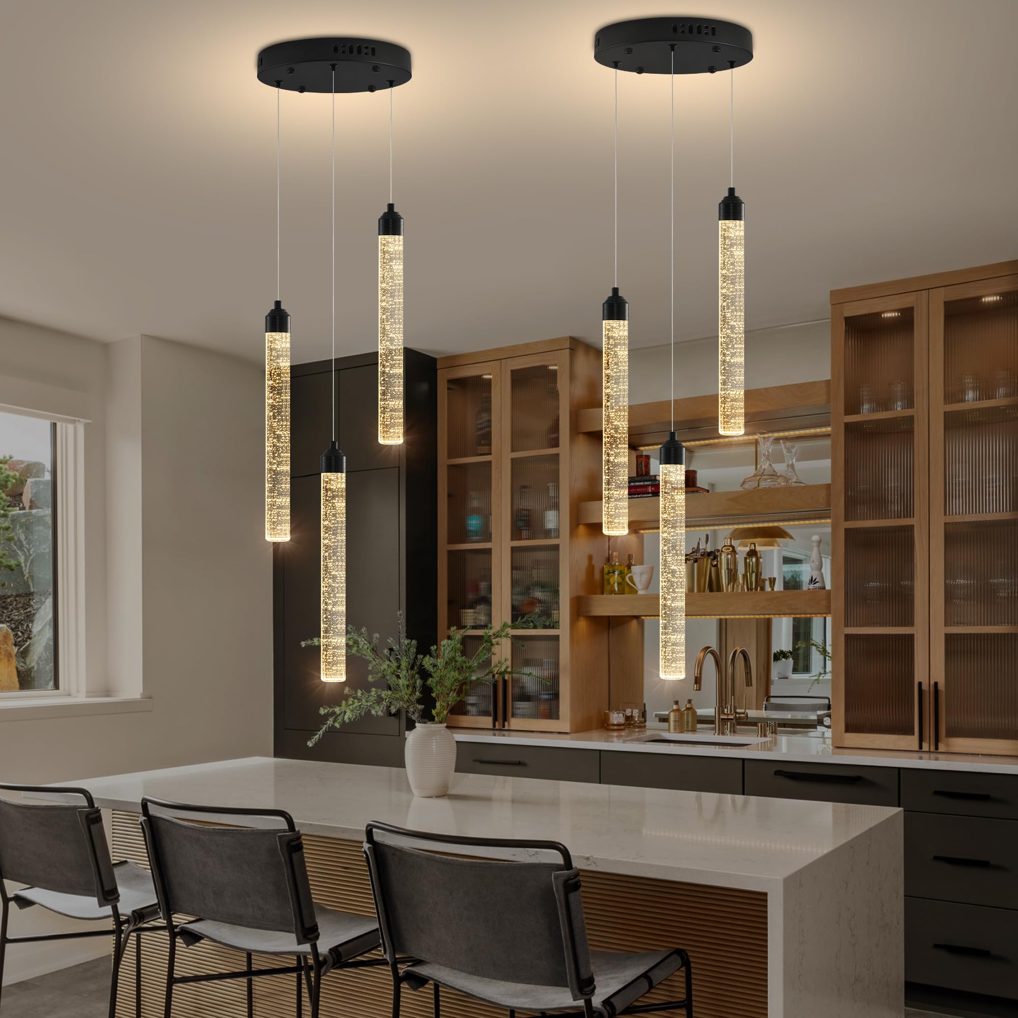 Ywuechwu 3-Light Modern Dimmable Led Crystal Chandelier - Black Mini Pendant Lighting With Spiral Raindrop/Bubble Cluster Pendant For Kitchen Island  Dining Room  Living Room  Foyer