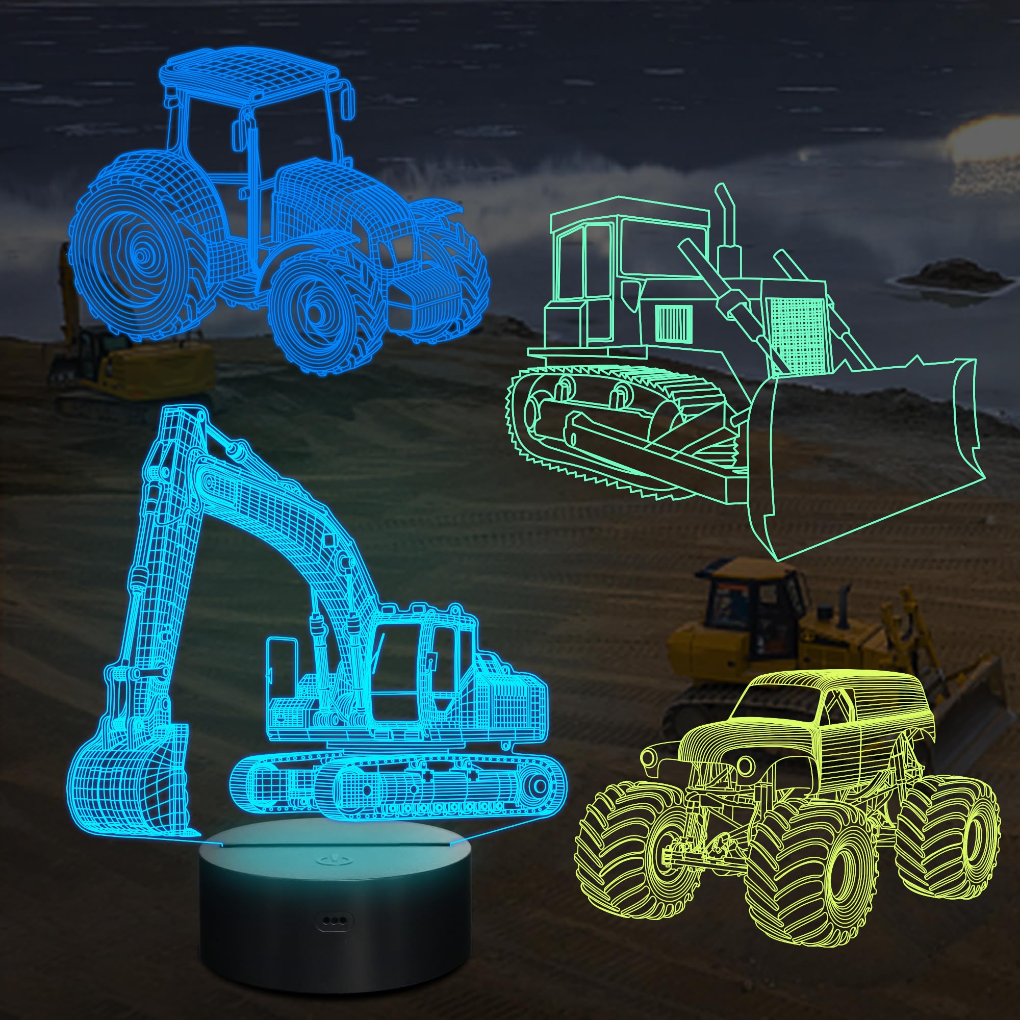 Ammonite Vehicle Gifts, 3D Illusion Truck Night Light for Kids (4 Patterns) with Remote Control & 16 Colors Changing & Dimmable 