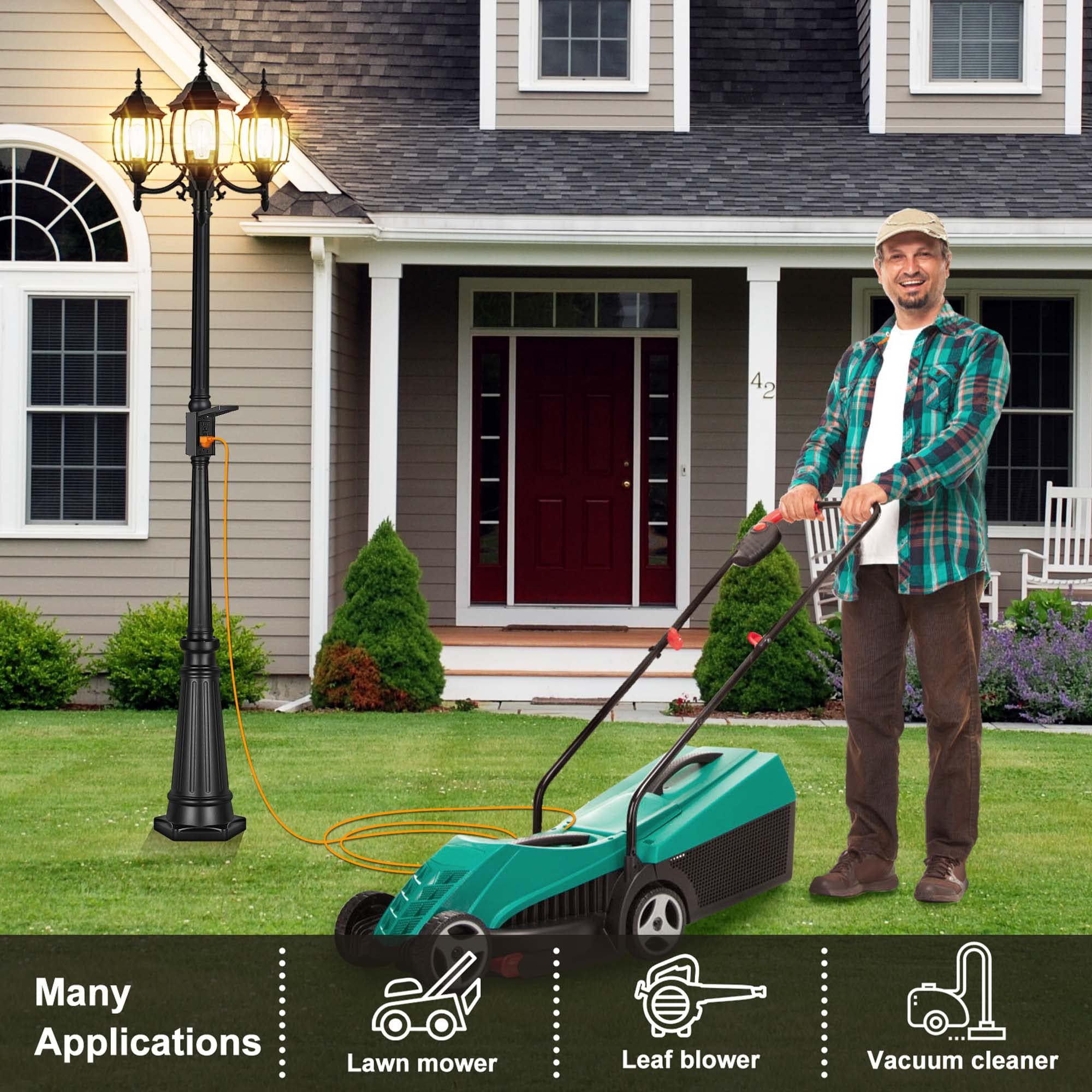 PARTPHONER Outdoor Lamp Post Light with GFCI Outlet, 3-Head, Black, Aluminum, Model PL004, 3 LED Bulbs Included