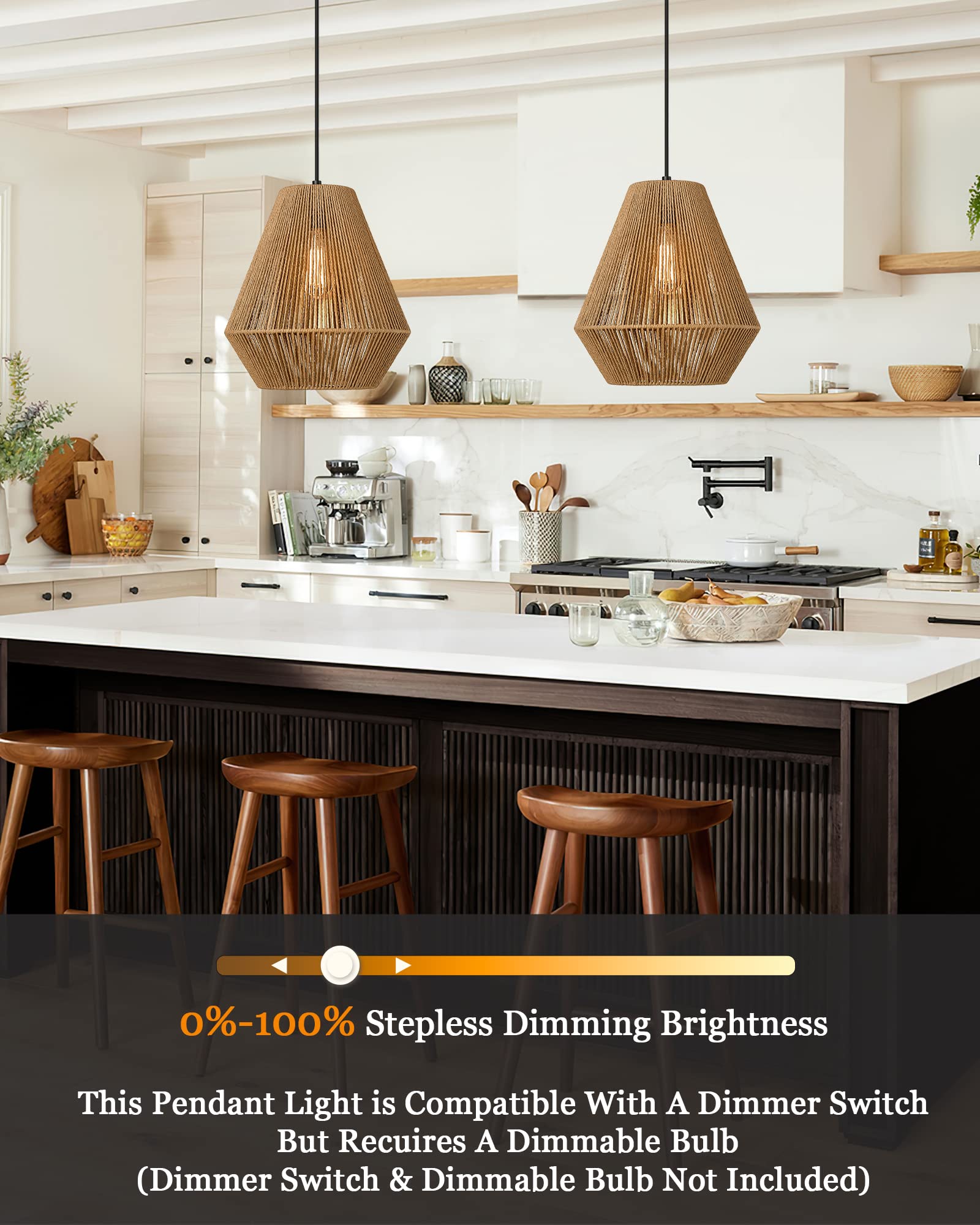 Elyona 12&quot; Woven Pendant Light, Boho Rattan Hanging Lamp For Kitchen, Dining, Bedroom, Hallway