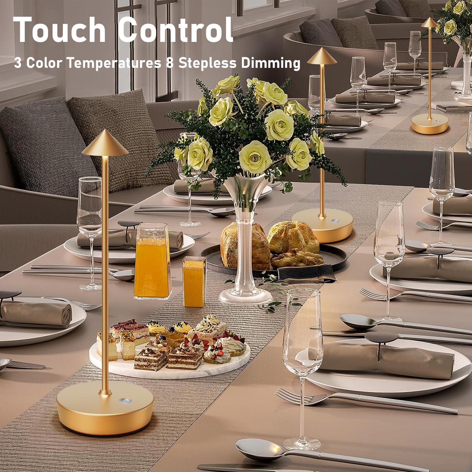 Tpczqj Rechargeable Cordless Table Lamp, 6000mAh LED, Touch 3 Color Dimming, 2Pack, Gold