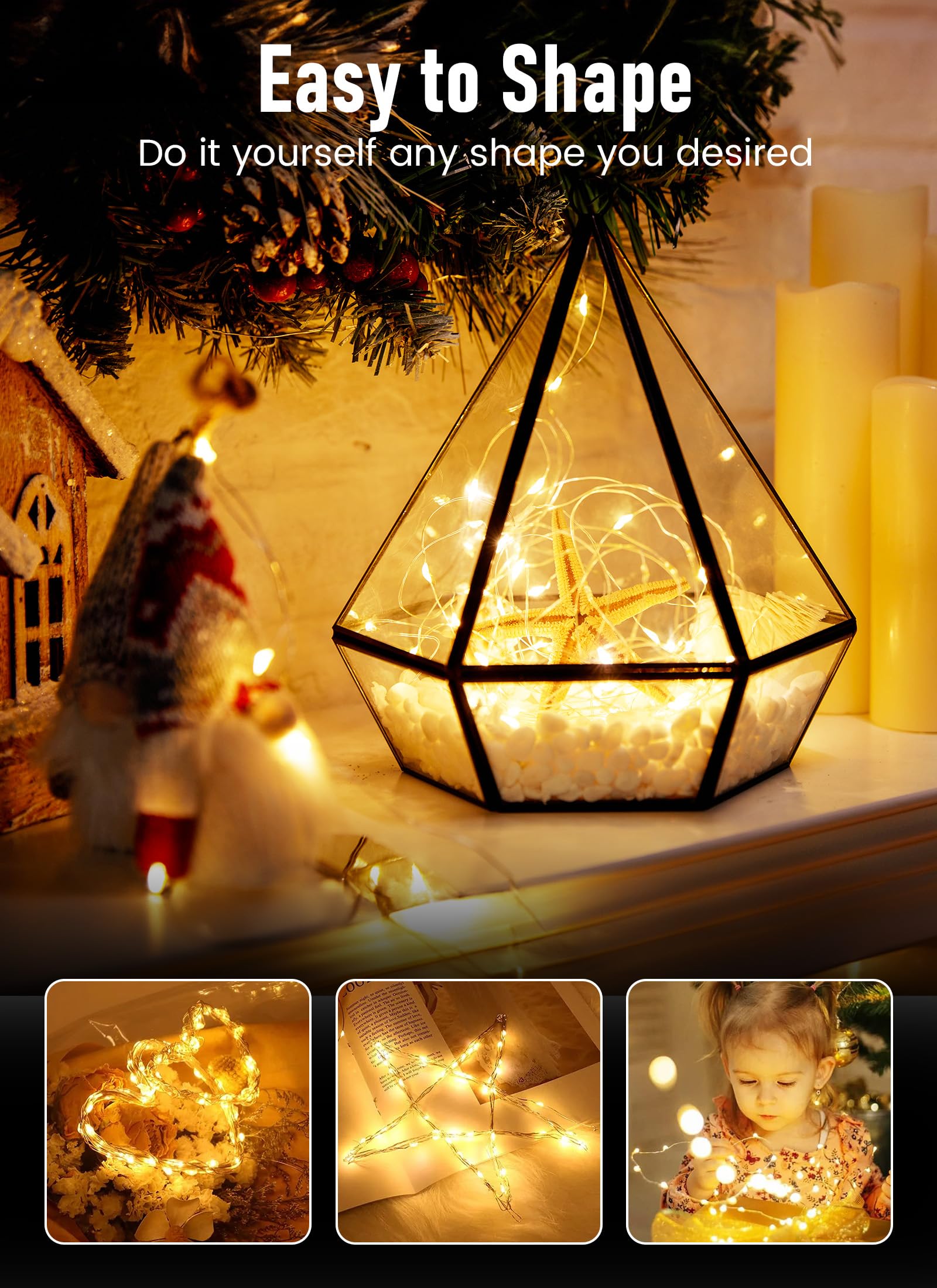 Minetom Fairy Lights, 33FT 100 LEDs Battery Operated String Lights, Waterproof Copper Wire, 2 Pack, Warm White
