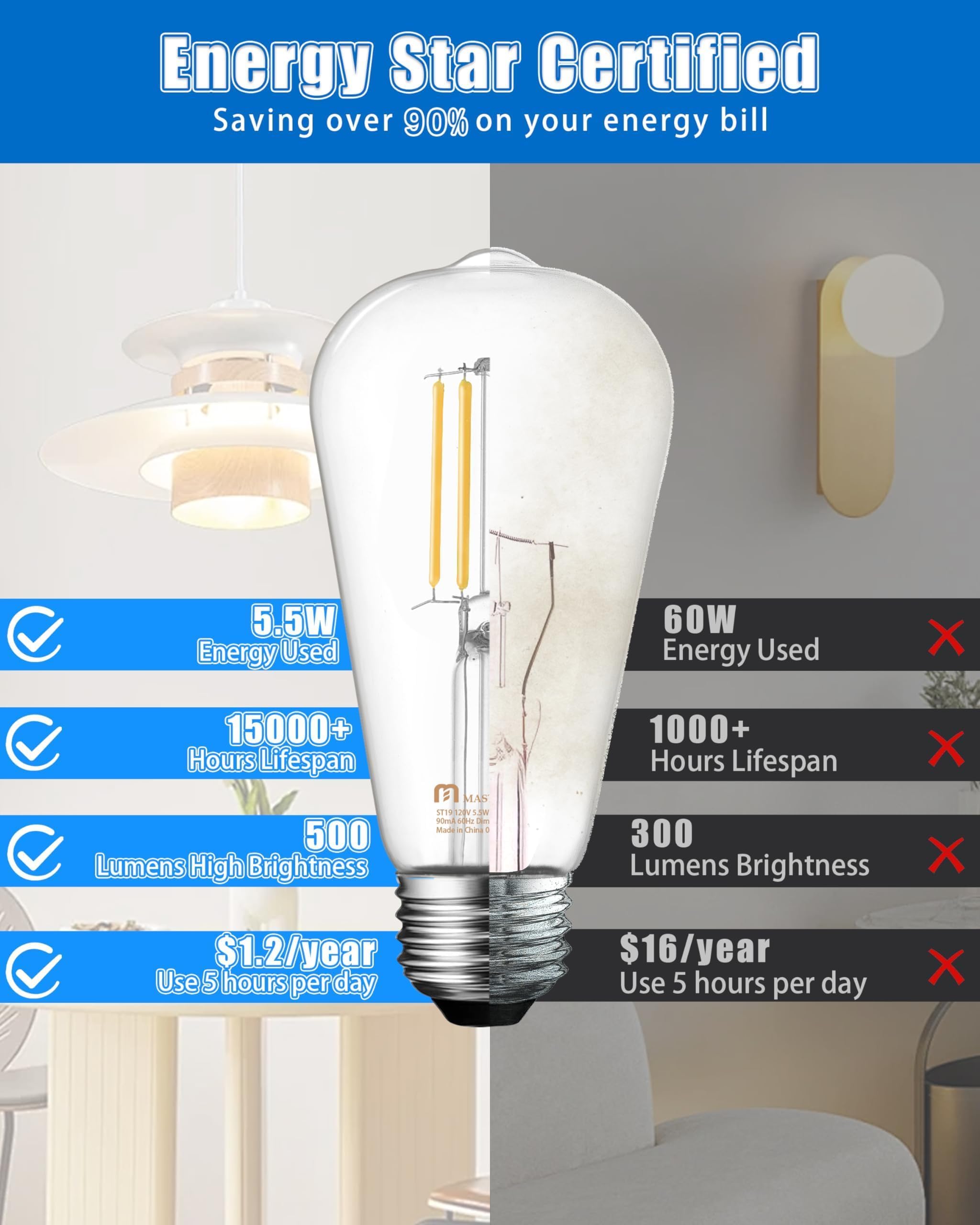 MASTERY MART Edison Bulbs Dimmable 5.5W E26 LED 4000K Cool White Glass, 6 Pack, Model MM-ST19