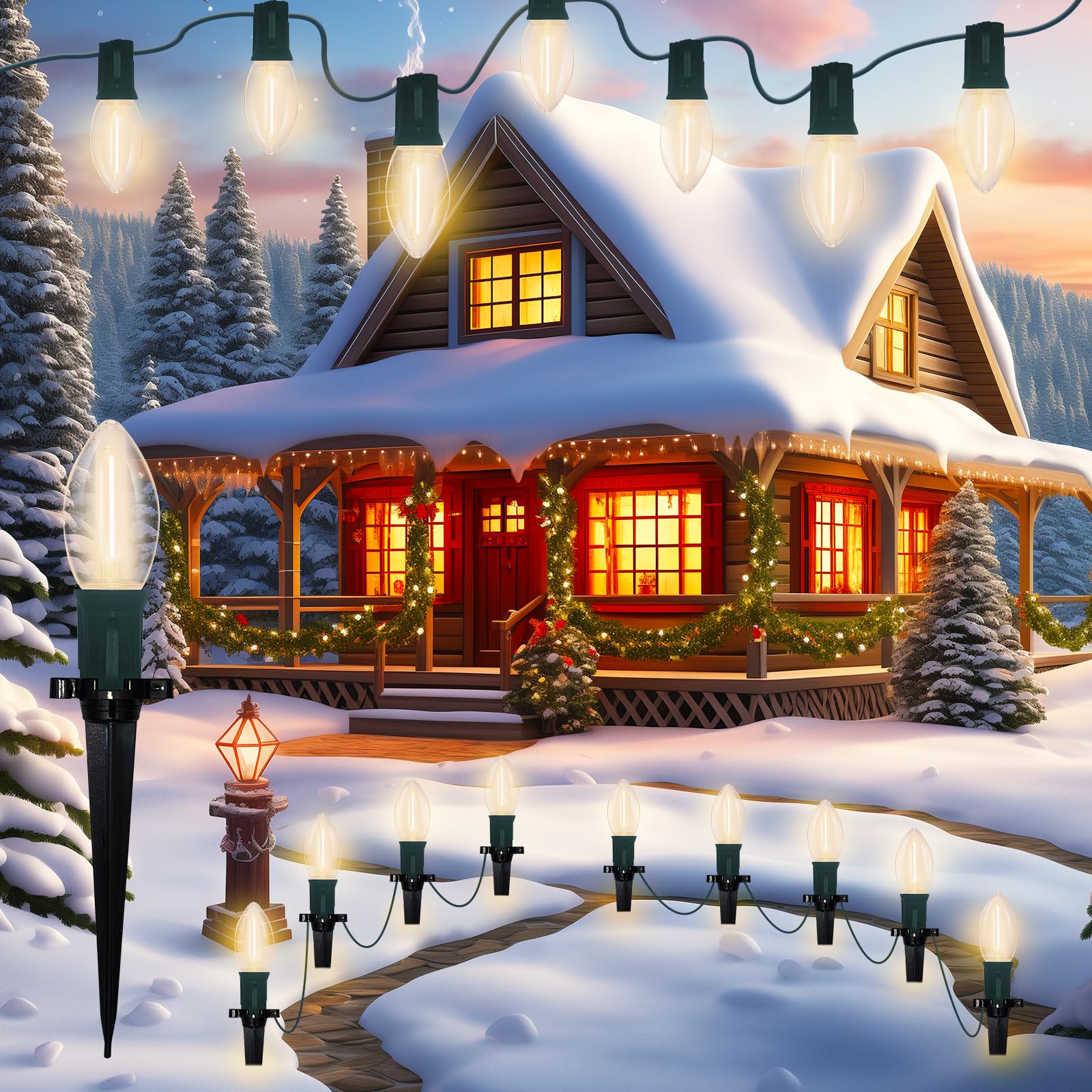 C9 Christmas Pathway Light, Outdoor Christmas Pathway Markers Lights with 27 C9 LED Clear Bulbs, Waterproof Connectable Walkway 